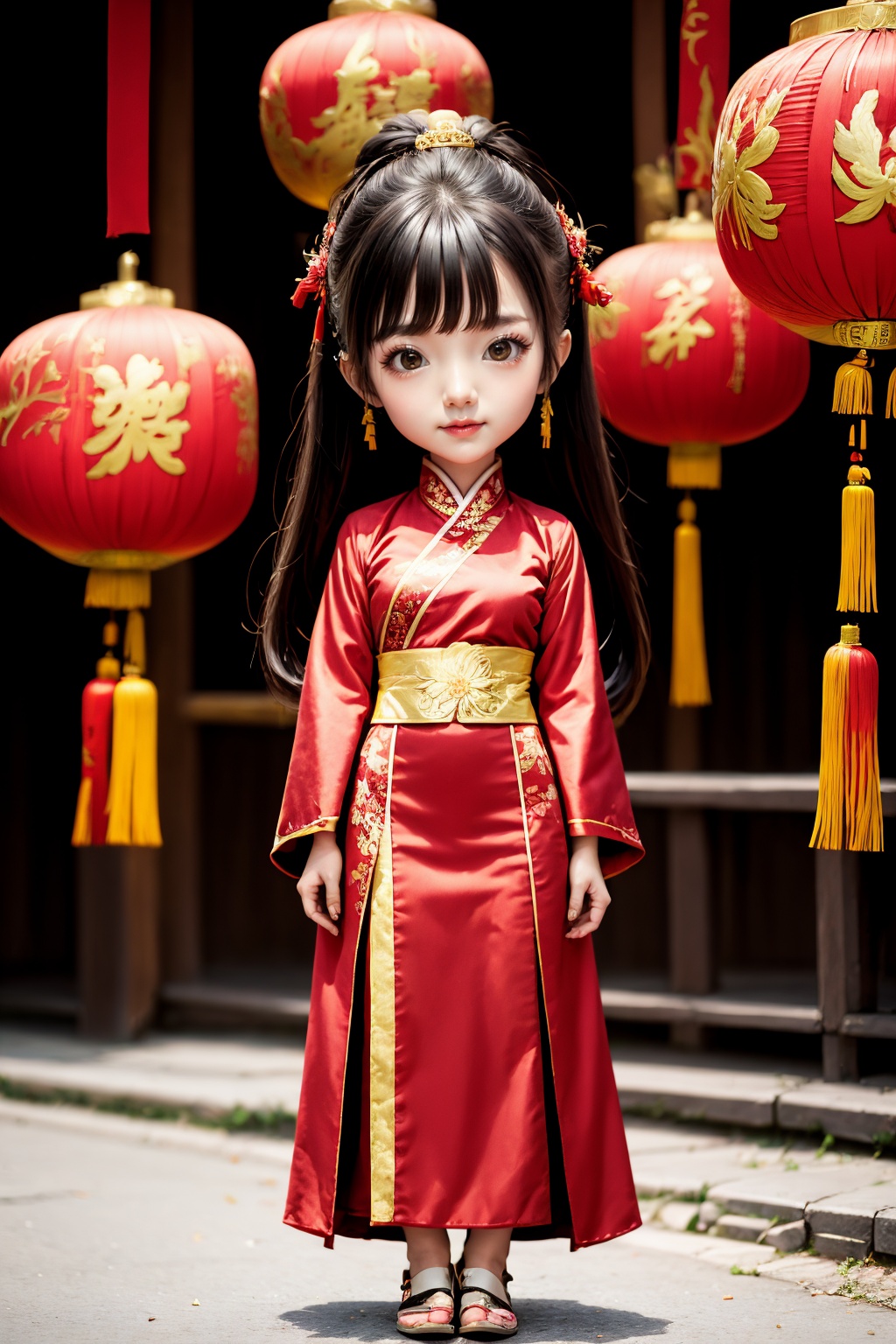 <lora:ChineseNewYear:0.8>, chinese new year, girl, (smirk:-0.4), long hair, arms at sides, red chinese clothes, paper lantern, full body,