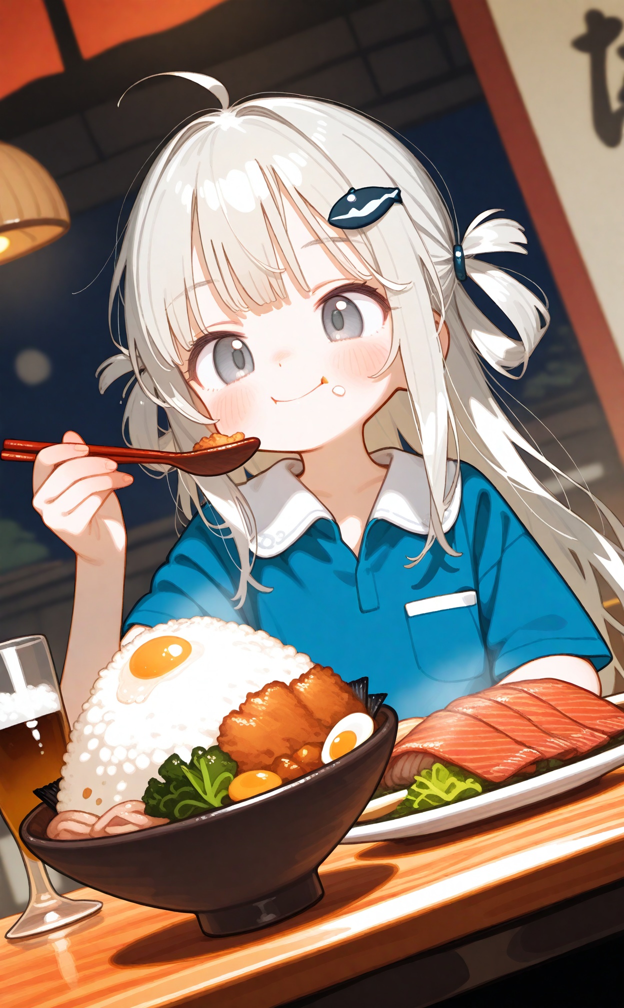 high, 1girl, rice, food on face, spoon, food, holding, solo, holding spoon, shirt, long hair, bowl, rice on face, eating, plate, blush, blue shirt, short sleeves, collared shirt, closed mouth, cup, hair ornament, upper body, smile, fish (food), blonde hair, chewing, ahoge, chopsticks, rice bowl, blue eyes, salad, dutch angle, two side up, fried egg, grey eyes, table, fish, egg (food), drinking glass, soy sauce, hair rings, holding chopsticks, grey hair, hand up, hairclip, dumpling, egg, indoors, white shirt, holding bowl, crumbs, white hair, fried rice, bacon, :t<lora:fangdongye-000008:1>