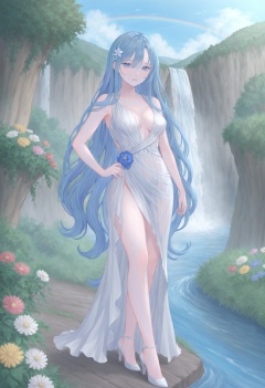 best quality, masterpiece,1girl, solo, dress, long hair, blue hair, full body, flower, hair ornament, breasts, blue eyes, white background, alternate costume, side slit, standing, looking at viewer, gotland \(kancolle\), high heels ,waterfall, rainbow, scenery, solo, sky, outdoors, cloud, day, water, standing, fantasy, wide shot, blue sky, cliff, dress, tree  <lora:poireXLlokr4f-000287:0.7>