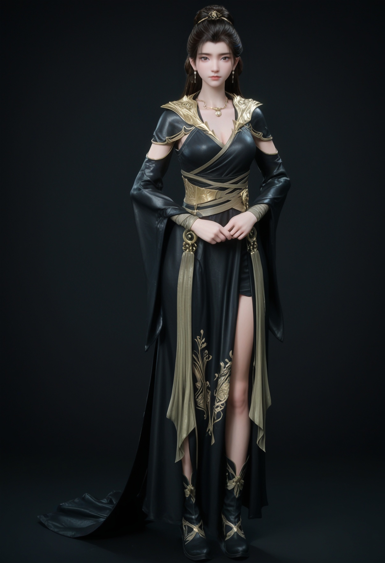 (standing full_body:1.1),score_9,score_8_up,masterpiece,(best quality),intricate details,facing viewer,(looking at viewer:1.1),<lora:YQ_pony_yanruyan_V4:0.8>,q1528437228,1girl,solo,black hair,long hair,jewelry,earrings,necklace,black dress,dress,black eyes,long sleeves,hair bun,ponytail,wide sleeves,sash,single hair bun,hair ornament,detached sleeves,brown hair,pale skin,boots,black footwear,BREAKscore_9,score_8_up,masterpiece,(best quality),perfect anatomy,(hourglass),perfect face,(simple background,pure black background,black background:1.1),fair_skin,shiny_skin,Ivory_skin,