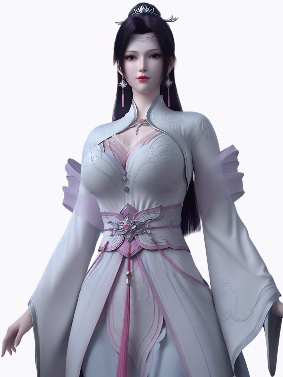 score_9,1girl,solo,dress,long hair,earrings,hair ornament,eyelashes,large breasts,standing,wide sleeves,lipstick,looking at viewer,white background,simple background,cowboy_shot,<lora:SF_YunYun_HuaZong_Pony_Realism2.3-000003:0.7>,
