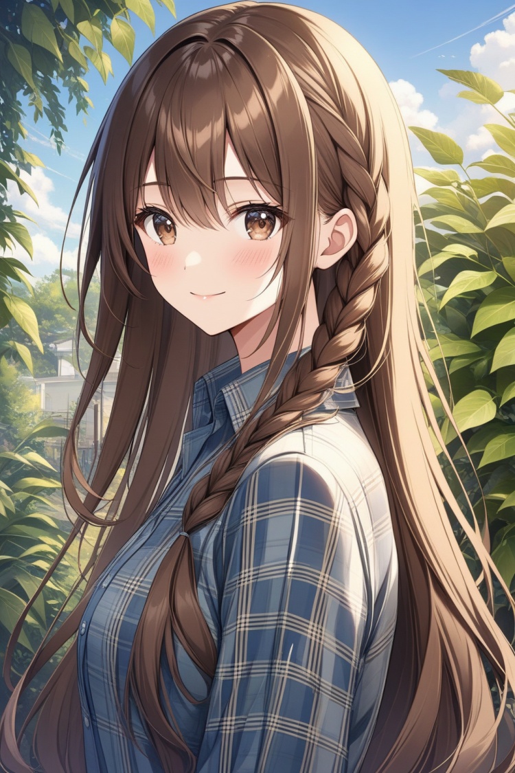 1girl, solo, long hair, looking at viewer, blush, smile, bangs, brown hair, shirt, long sleeves, hair between eyes, brown eyes, very long hair, closed mouth, upper body, braid, outdoors, day, collared shirt, looking to the side, plaid, plant, plaid shirt