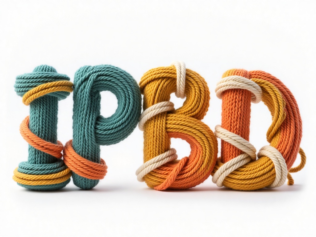 IPBD, Photograph of a hand-knitted, colorful, multi-colored yarn sculpture spelling out "IPBD" in a playful, twisted, and intertwined style. The yarn is in shades of teal, mustard yellow, orange, and cream, creating a vibrant, textured, and whimsical appearance against a plain white background. 