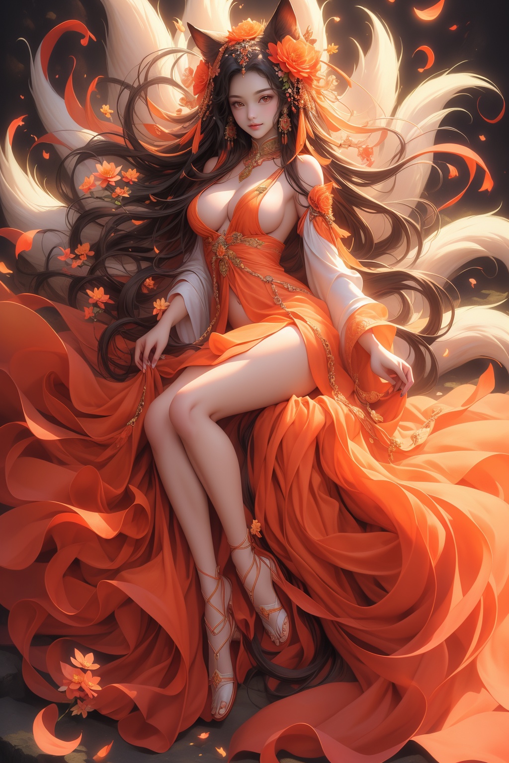 (masterpiece, top quality, best quality, official art, beautiful and aesthetic:1.2),1girl,super cute,naked,breasts,orange nail tails,full body,front view,flowers,super realistic <lora:狐女-000004:0.8>