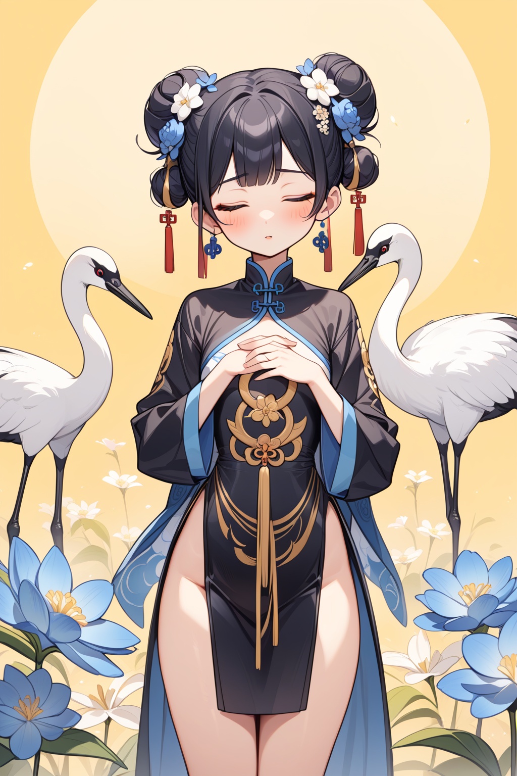 new chinese style,1girl,solo,closed eyes,black hair,hair bun,flower,hair ornament,standing,blush,long sleeves,yellow background,crane (animal),double bun,blue flower,bangs,white flower,symmetrical composition,<lora:糖果森林_XL_LoRA_v1.1:1>,, masterpiece,best quality,very aesthetic,absurdres,