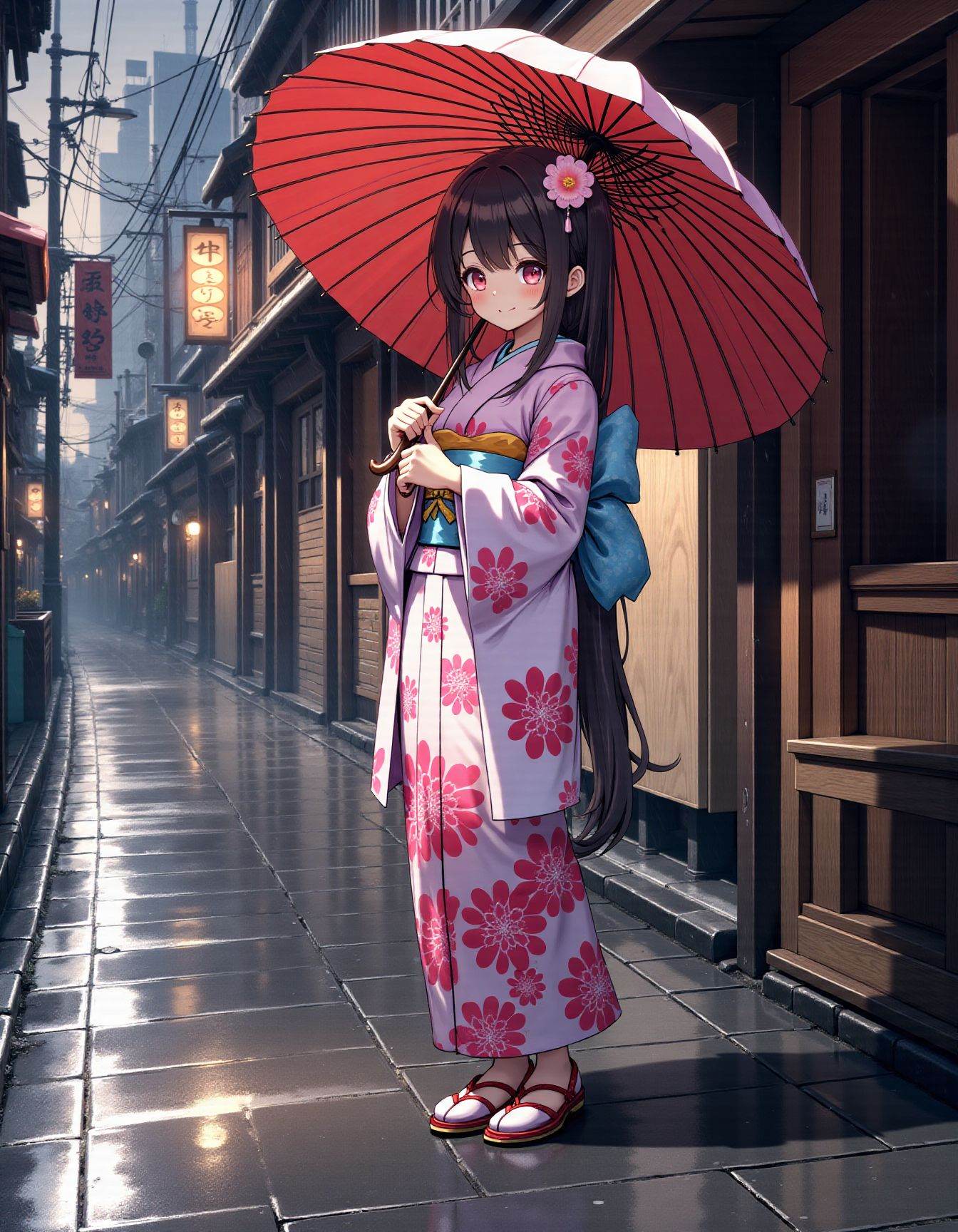 1girl holding umbrella,  kimono,  rainy street on Tensor.Art