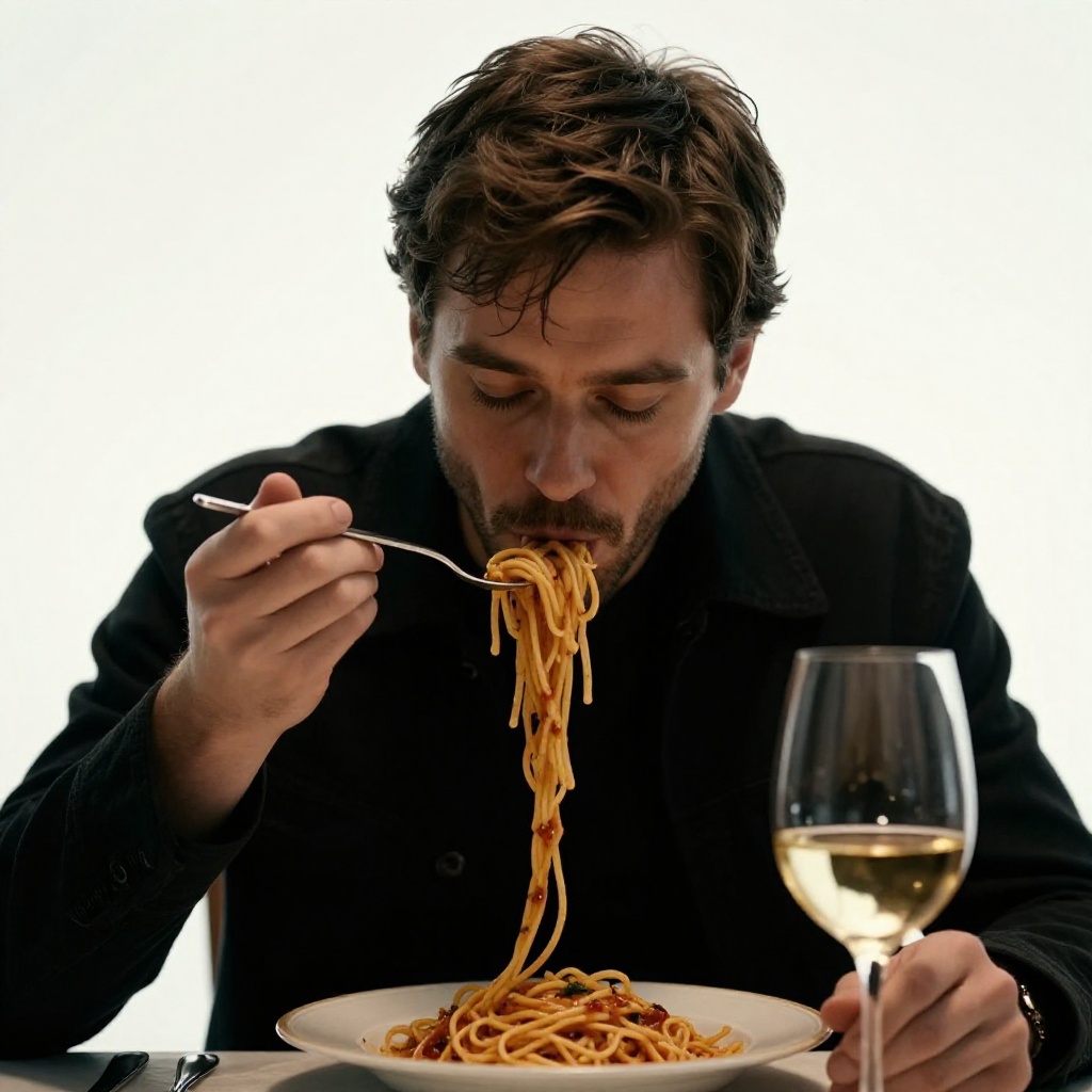 cinematic film still of Sharp detailed high quality image of a man eating spaghetti with a fork and a glass of wine,  deta...