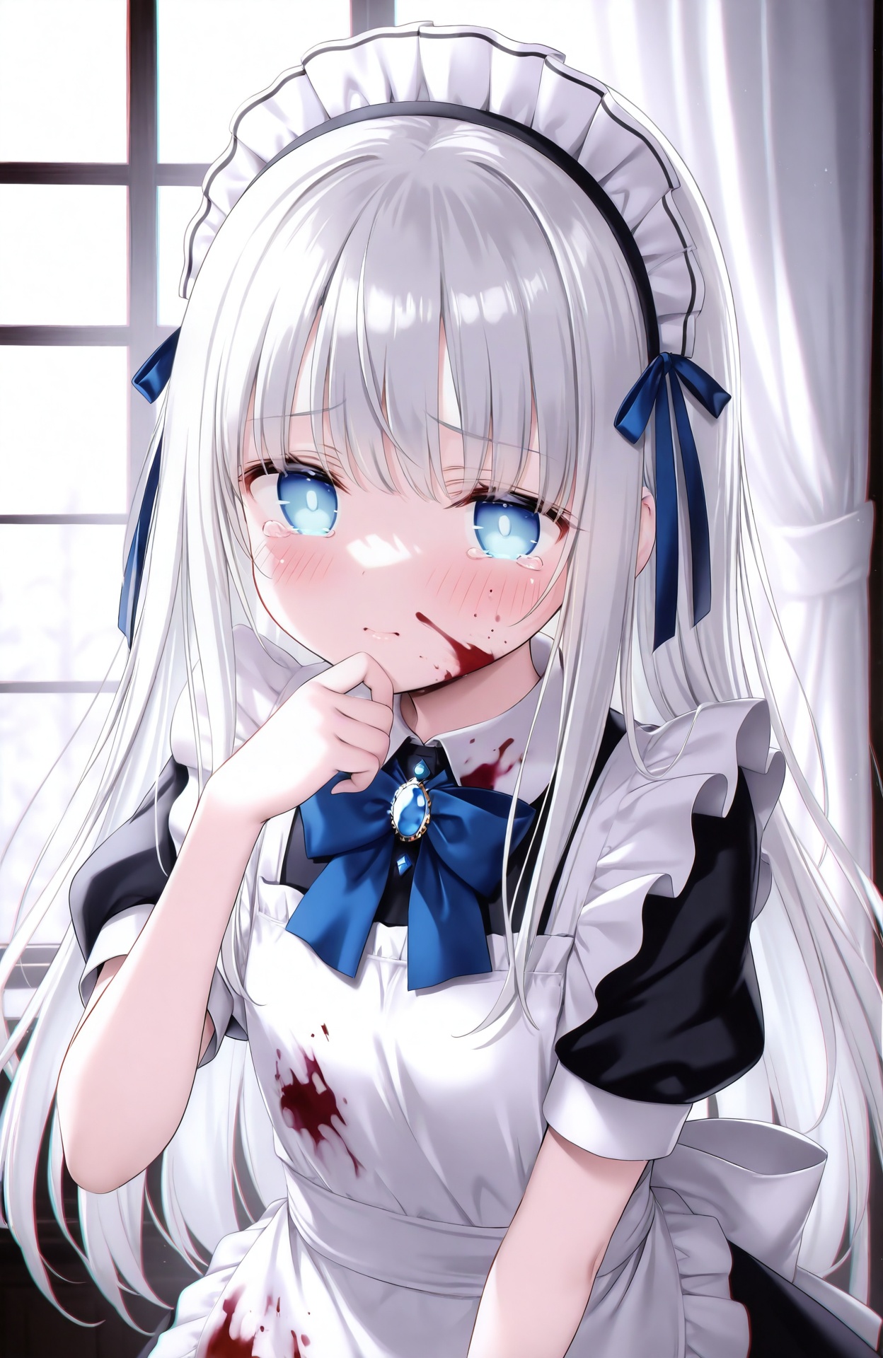 masterpiece,absurdres,best quality,loli,petite,high quality,chromatic_aberration,//,Depth of field,window,White curtains,1girl,solo,bangs,blood on face,dark persona,white hair,Blue bow tie,maid,Short sleeve,apron,maid headdress,long hair,hand on own chin,teary-eyed,blood on clothes,blood,maid apron,