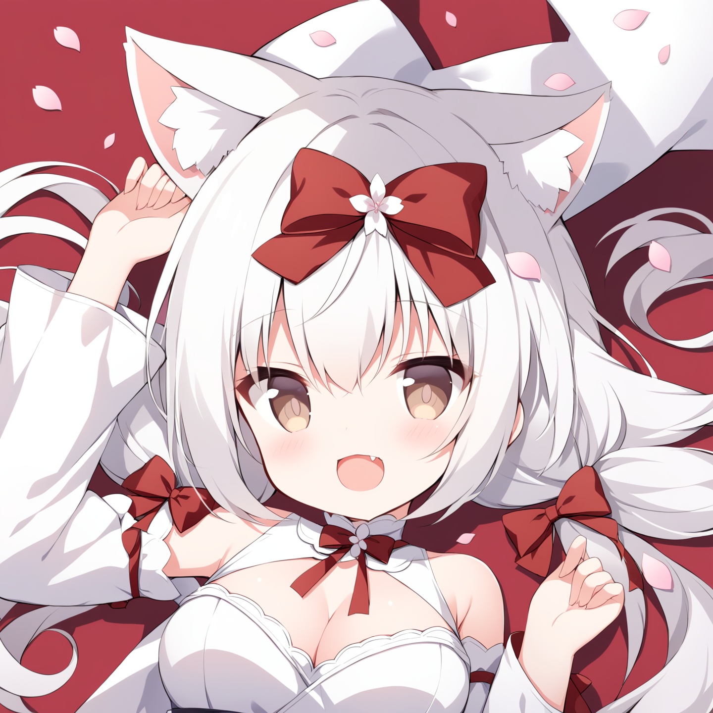 <lora:Yukikaze-SDXL:0.7>, Yukikaze, 1girl, solo, long hair, looking at viewer, smile, open mouth, long sleeves, dress, bow, ribbon, cleavage, hair between eyes, bare shoulders, twintails, brown eyes, medium breasts, upper body, flower, white hair, :d, hair bow, lying, detached sleeves, sleeveless, fang, wide sleeves, on back, white dress, arm up, red bow, cup, animal ear fluff, petals, low twintails, cherry blossoms, red background, white sleeves, cat ears