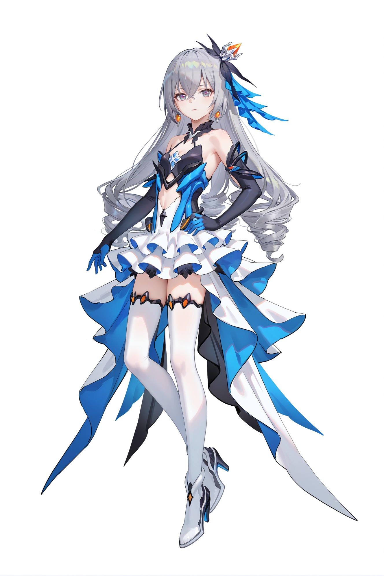 8k,best quality,masterpiece,(ultra-detailed),(high detailed skin),((artist:reoen),(artist:fuzichoco),(artist:atdan),(artist:torino_aqua),year 2024:0.8)1girl,[artist:wlop],[artist:ningen_mame],artist:ciloranko,[[artist:rhasta]],artist:tidsean,colorful,full body,full shot,standing,looking at viewer,(solo:1.2),simple background,(white background:1.2),hand on own hip,(white background:1.1),<lora:BronyaZaychik-zhenli-ill-Tanger:0.8>,Bronya Zaychik \(Herrscher of Reason\),clothes: Herrscher of Reason dress,Herrscher of Reason white high heels,Herrscher of Reason crown,1girl,jewelry,earrings,long hair,drill hair,elbow gloves,bare shoulders,bangs,grey hair,grey eyes,white thighhighs,