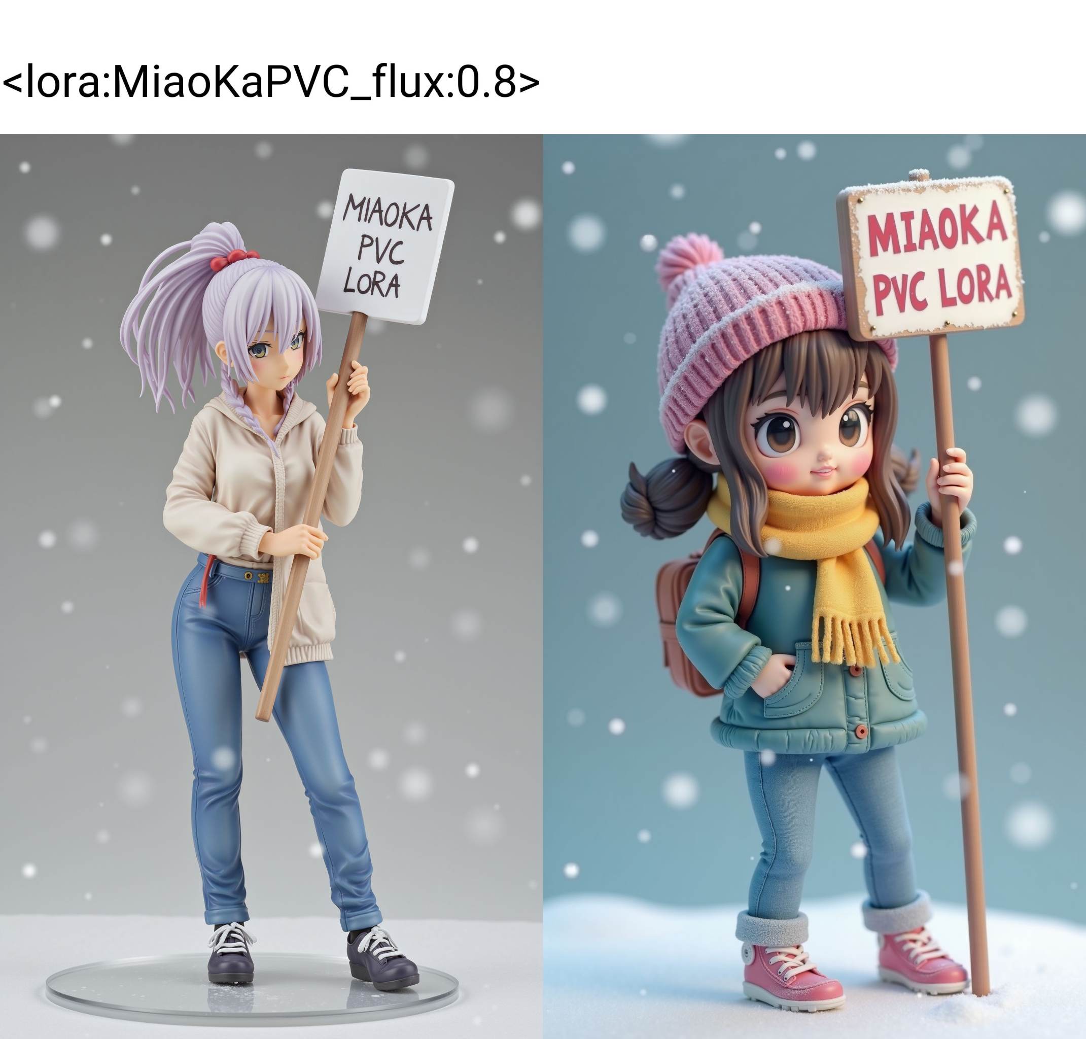 a 3D rendering of a figurine ,1 girl in casual clothing holding (a sign that reads “MIAOKA PVC LORA”,It's snowing). <lora:MiaoKaPVC_flux:0.8>