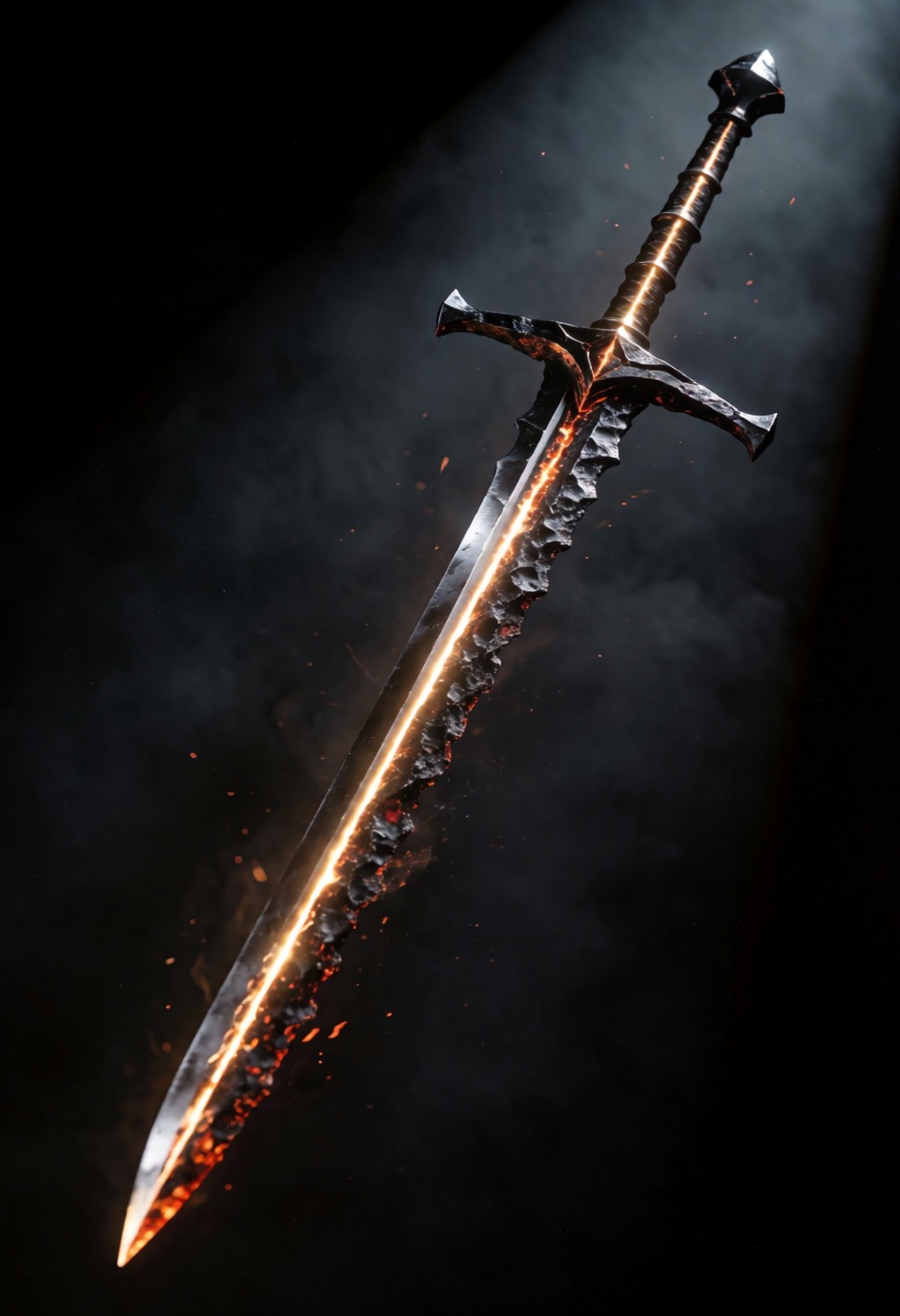 ta86_realityfracture,  steel sword suspended against a dark background,  diagonal framing on Tensor.Art