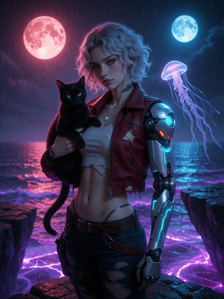 A woman with silver curly hair,  one mechanical cybernetic left arm with glowing blue circuits,  wearing a torn red leathe...