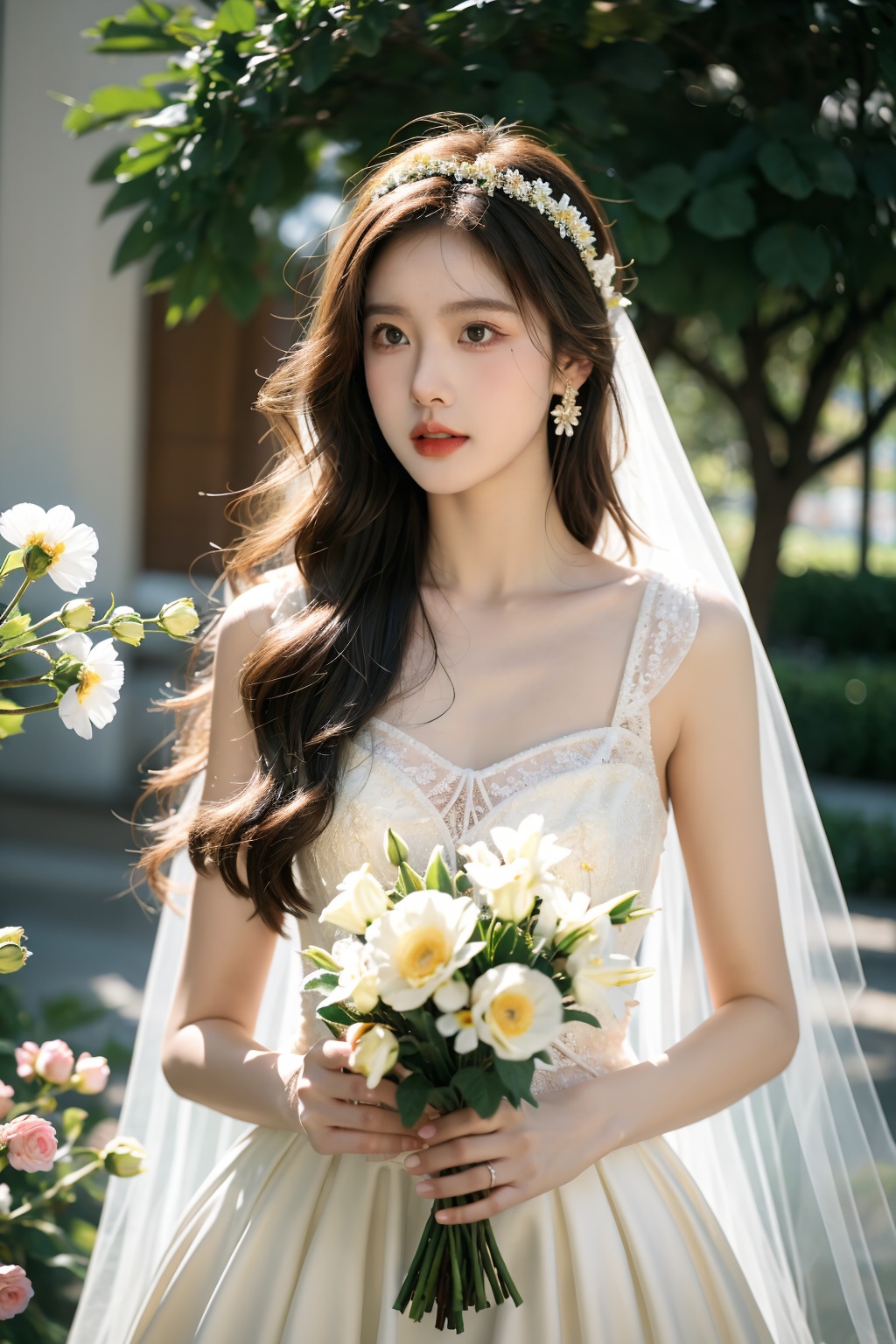 Best Quality,Masterpiece:1.4),(Realism:1.2),(Realisitc:1.2),(Absurdres:1.2),4K,(photorealistic:1.3),Detailed,Ultra-Detailed,1girl,church,lawn,outdoor,wedding,(whole body:1.4),gauze headscarf,((Huge chest)),(Long Wavy Hair),hunsha,veil,Earrings,Jewelry,(SunLight:1.4),Flowers,Hair Ornaments,(Holding flowers:1.4), <lora:YG梦中婚纱1:0.7>, 
