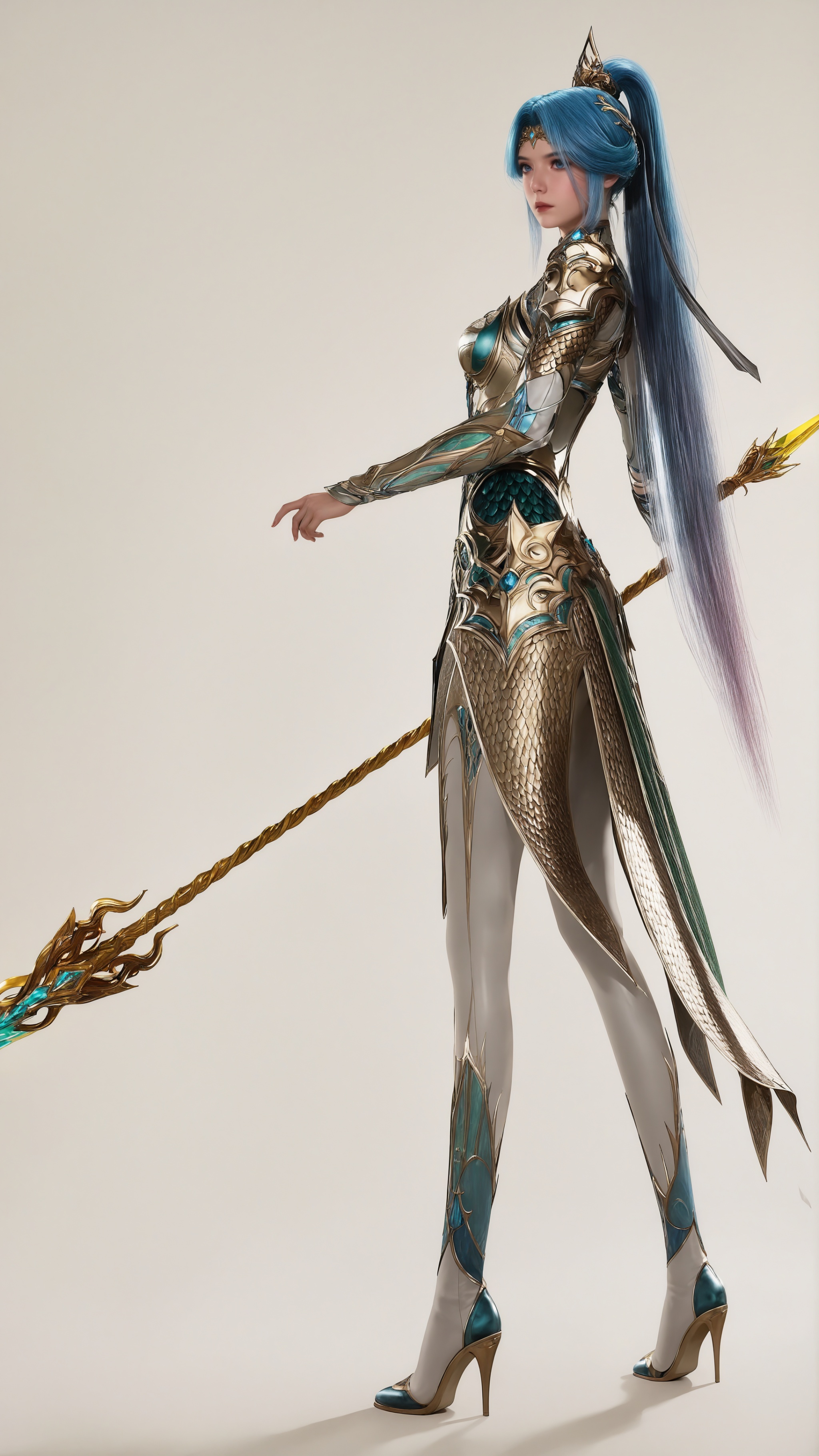 <lora:Janus-王秋儿孔雀舞-斗罗大陆-天海IL:0.7>,Janus,1girl,solo,blue eyes,blue hair,breasts,gem,very long hair,multicolored hair,armor,simple background,white_background,high_heels,Green high heels,blue footwear,standing,shoulder armor,ponytail,hair ornament,breastplate,realistic,pauldrons,holding,weapon,holding staff,polearm,spear,, surreal,photorealistic,masterpiece,best quality,cinematic lighting,
