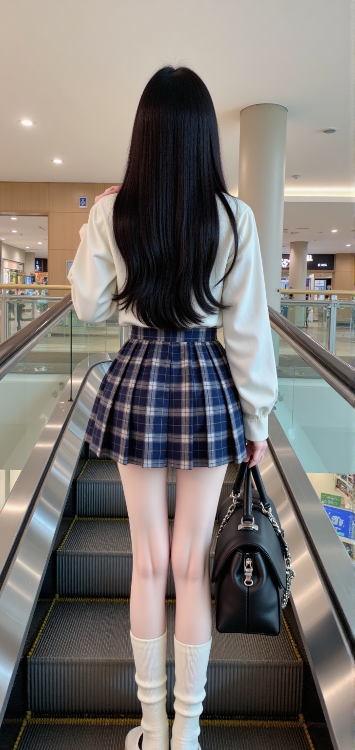 Pao Jie,This photograph captures a young woman ascending an escalator in a modern,brightly lit shopping mall. She is dressed in a schoolgirl-inspired outfit consisting of a white,long-sleeved blouse and a short,pleated blue plaid skirt that reveals her upper thighs. Her skirt is dark blue with white and gray checkered patterns. She wears white knee-high socks and white shoes with a slight heel. Her skin tone is light,and her long,wavy black hair cascades down her back,partially obscuring her face.,The escalator is **** of sleek,shiny metal with black rubber treads. The escalator is flanked by glass panels,offering a view of the mall's interior,which includes a mix of modern decor and retail spaces. The lighting is bright and even,typical of a well-lit indoor space. In her right hand,she carries a black leather satchel bag with a silver chain strap. The image focuses on her back and legs,with the mall's background visible,including a sign with Chinese characters on the wall above the escalator. The overall style is contemporary and clean,emphasizing the urban setting and the young woman's stylish,youthful attire.,