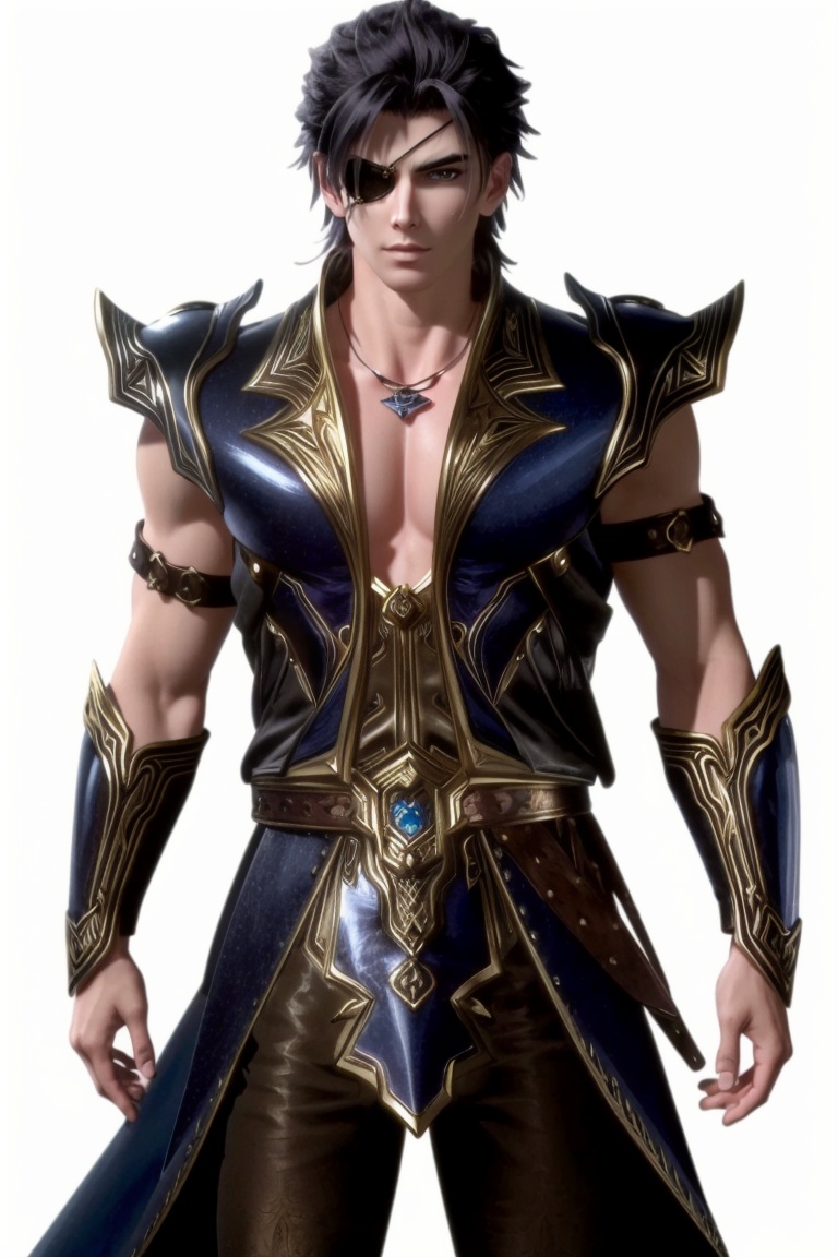 ((HRD, HUD, 8K)),((masterpiece, best quality)), highly detailed, soft light,1boy, solo, black hair, brown eyes, eyepatch, scar, scar on face,necklace, jewelry, muscular,armor, simple background, white background, cowboy shot, standing, looking at viewer,  <lora:20240325-1711375441925:0.7>