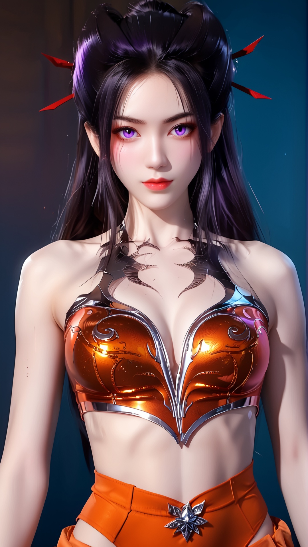 The image is a digital portrait of a young woman with long dark hair. She has a serious expression on her face and is looking directly at the camera. Her hair is styled in a high ponytail with multiple spikes sticking out of it. She is wearing a white and orange outfit with a dragon design on the chest. The background is a dark blue color with a hint of purple. The overall mood of the image is intense and dramatic...,<lora:pony焰:0.8>,