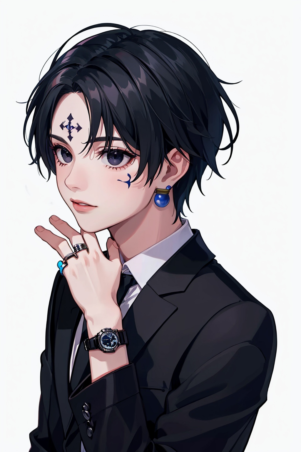 masterpiece,best quality, highly detailed, chrollo lucilfer,1boy, male focus, solo, wristwatch, earrings, black shirt, ring, neck tattoo, black jacket, closed mouth, simple background, white background, upper body, lips, hand up, facial mark, facial tattoo, long sleeves,<lora:chrollo_lucilfer:1>