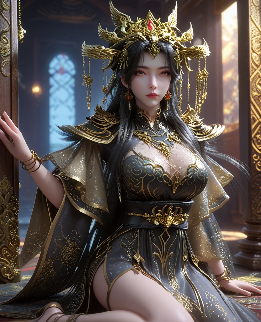 (Kneeling with hands on the ground, looking focused:1.1),looking at viewer,(large breasts:1.2),<lora:XL16云深不知梦炽阳瑾:0.95>,miss chiyangjin,black tiered dress,brown eyes,black hair,absurdly long hair,half-up braid with long cascading hair,hair ornament,earrings,jewelry,sash,shoulder armor,bracelet,wide sleeves,see-through overdress,clothing cutout,, score_9,score_8_up,score_7_up,score_6_up,score_5_up,score_4_up,3d rendering,tag1,tag2, Cinematic Lighting,backlighting,