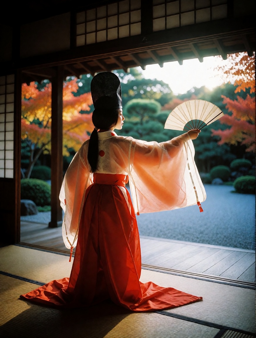 shirabyoshi,  A cinematic realistic photography of a traditional Japanese shirabyoshi dancer performing inside a wooden te...