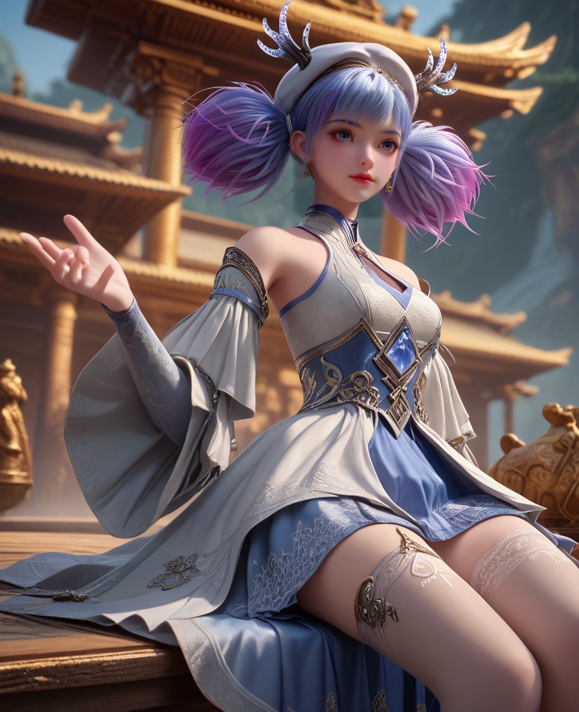 (oriental architecture, elegant decor, sophisticated style:1.1),(Sitting, legs outstretched, leaning back on hands,:1.1),(breasts:1.2),<lora:XL16克金玩家小麋鹿:0.95>,miss xiaomilu,white gothic lolita dress,blue petticoat,blue eyes,short twintails,unicorn hair,white hat,antlers,jewelry,ombre lace thighhighs,, zPDXL2, score_9, score_8_up, score_7_up BREAK realistic, masterpiece,best quality, highly detailed,, zPDXL3, zPDXL2,zPDXL, zPDXLxxx, zPDXLrl,