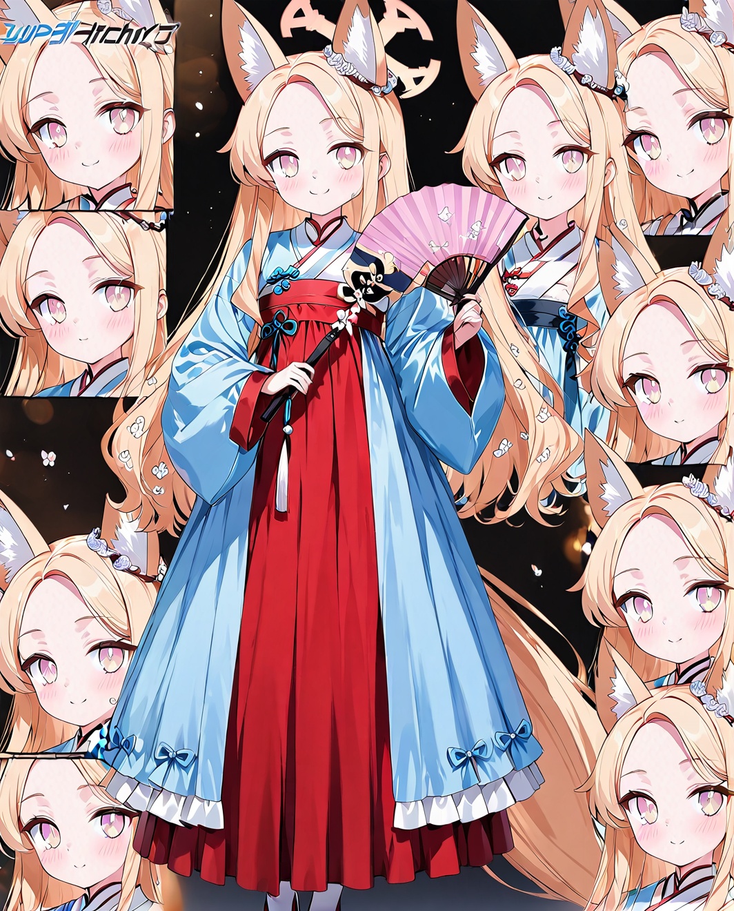 O,seia(blue_archive),1girl,animal ears,blonde hair,long hair,hand fan,holding,smile,hair ornament,fox ears,long sleeves,full body,solo,expressions,hanfu,holding fan,looking at viewer,bangs,standing,folding fan,chinese clothes,wide sleeves,blush,hair stick,flower,pink eyes,closed mouth,(UHD),anatomically correct,accurate,textured skin,super detail,high details,award winning,best quality,high quality,retina,HD,16k,1080P,