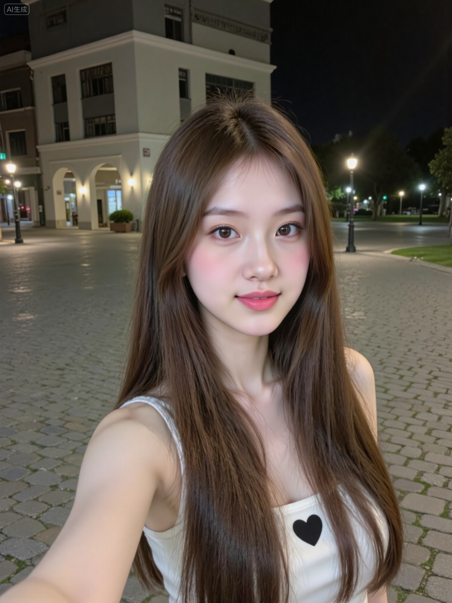 photograph of a young asian woman with long, straight brown hair and fair skin, taking a selfie at night in an urban plaza, she has delicate features, large brown eyes, and light pink lipstick, she wears a sleeveless white top with a small black heart on the chest, the background includes a multi-story building with illuminated windows, street lamps, and a cobblestone pavement, the plaza is empty, with a few distant lights and trees visible, the overall lighting is soft, highlighting her face and hair, her expression is gentle and slightly smiling, the image has a modern, candid feel, Negative prompt: ng_deepnegative_v1_75t,(badhandv4:1.2),EasyNegative,(worst quality:2),,nsfw, Steps: 30, Sampler: Euler, CFG scale: 3.5, Seed: 431459685, Size: 768x1024, Model hash: 0734f0ab2a, Model: F.1 模型下载版-黑暗森林工作室_fp16.sft, Denoising strength: 0.75, RNG: CPU, Lora 1: F.1-南音浅浅-网感女生自拍照03, Lora Hash 1: 9ce35b7e07, Lora Weight 1: 0.8, vae_name: automatic, Hires resize: 1536x2048, Hires steps: 30, Hires upscaler: R-ESRGAN_4x+