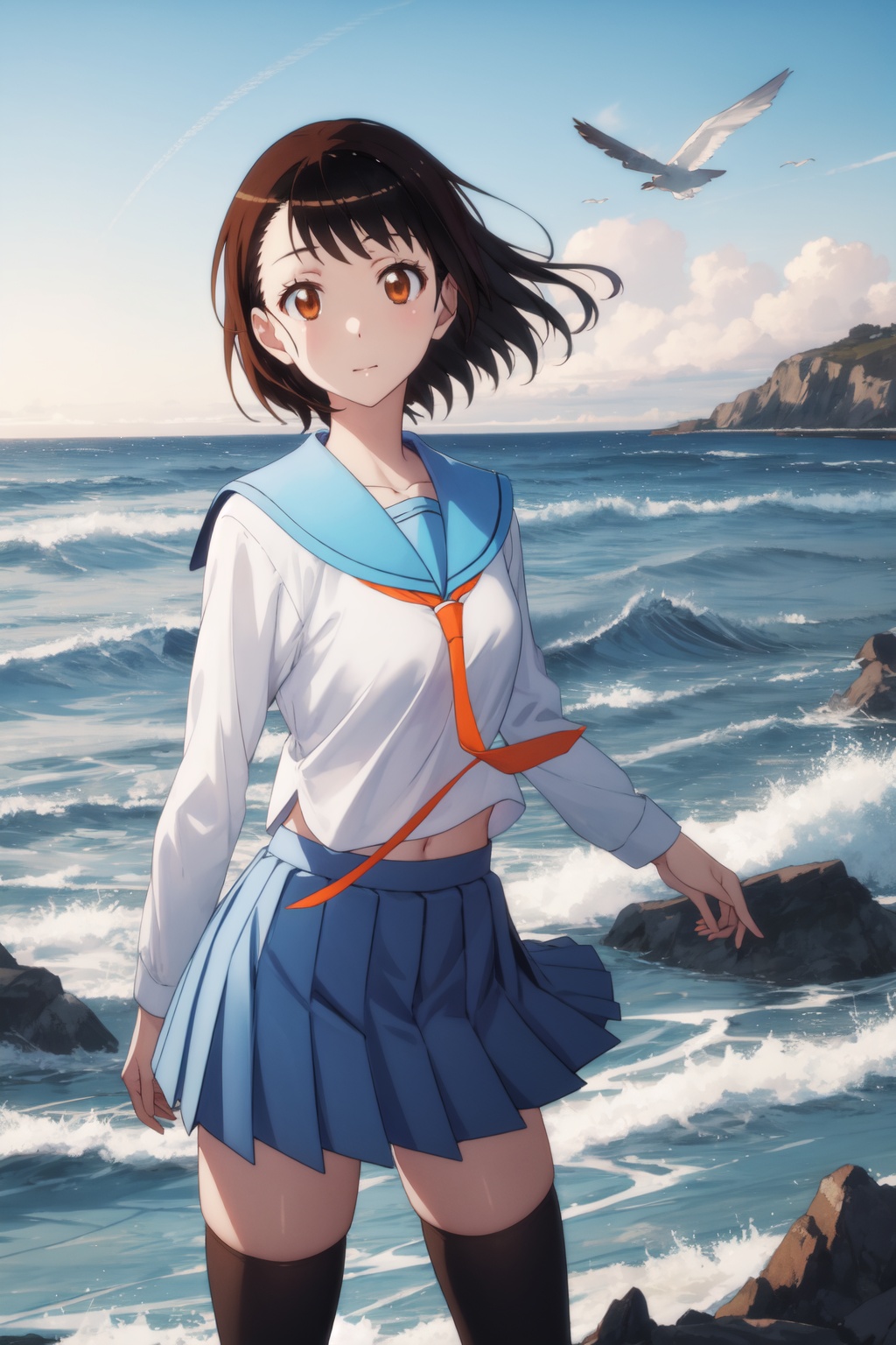 <lora:Kosaki-000013:0.8>,Kosaki CYQL,1girl,looking at viewer,solo,brown hair,short hair,asymmetrical hair,brown eyes,school uniform,serafuku,skirt,blue skirt,zettai ryouiki,sad,panorama,Coastline, Cliffs, Wind, Waves, Rocks, Dramatic, Serenity, Seagulls,(Cottage garden flowers, Evening glow, Twilight hues, Summer blooms, English countryside, Serene atmosphere:0.5),beautiful detailed sky,beautiful detailed glow,posing in front of a colorful and dynamic background,masterpiece,best quality,beautiful and aesthetic,contrapposto,female focus,wallpaper,