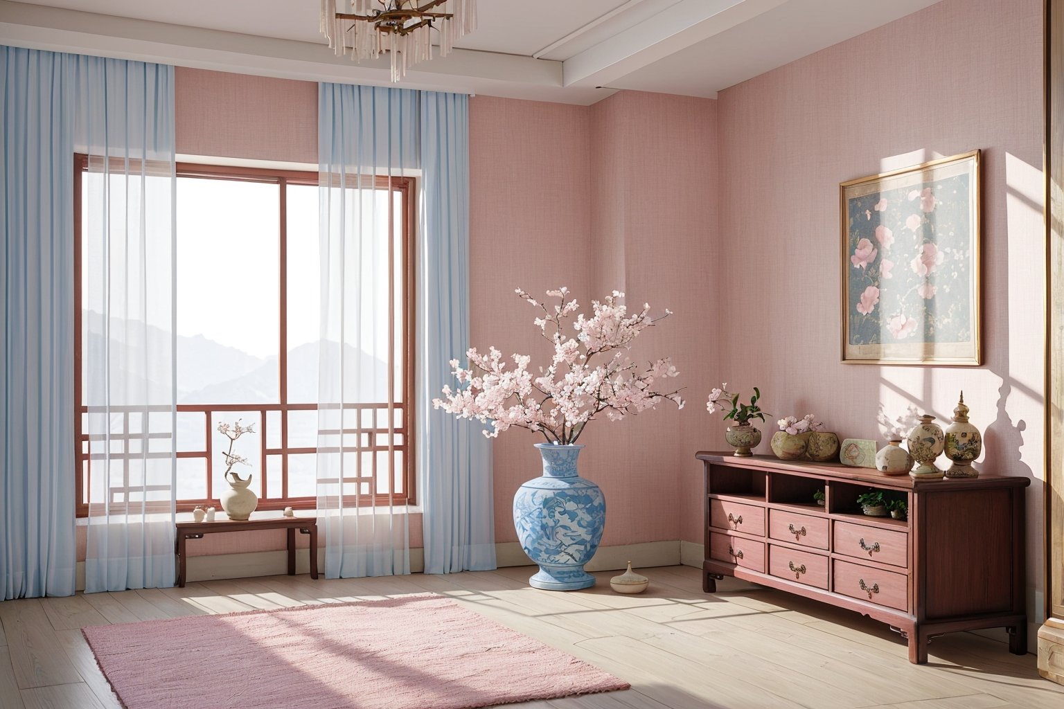 Antique Chinese bedroom,no human,architecture,flower,indoors,plant,scenery,stairs,tassel,tree,vase,Pink gauze curtain,Light,fresh,blue sky,flower window,