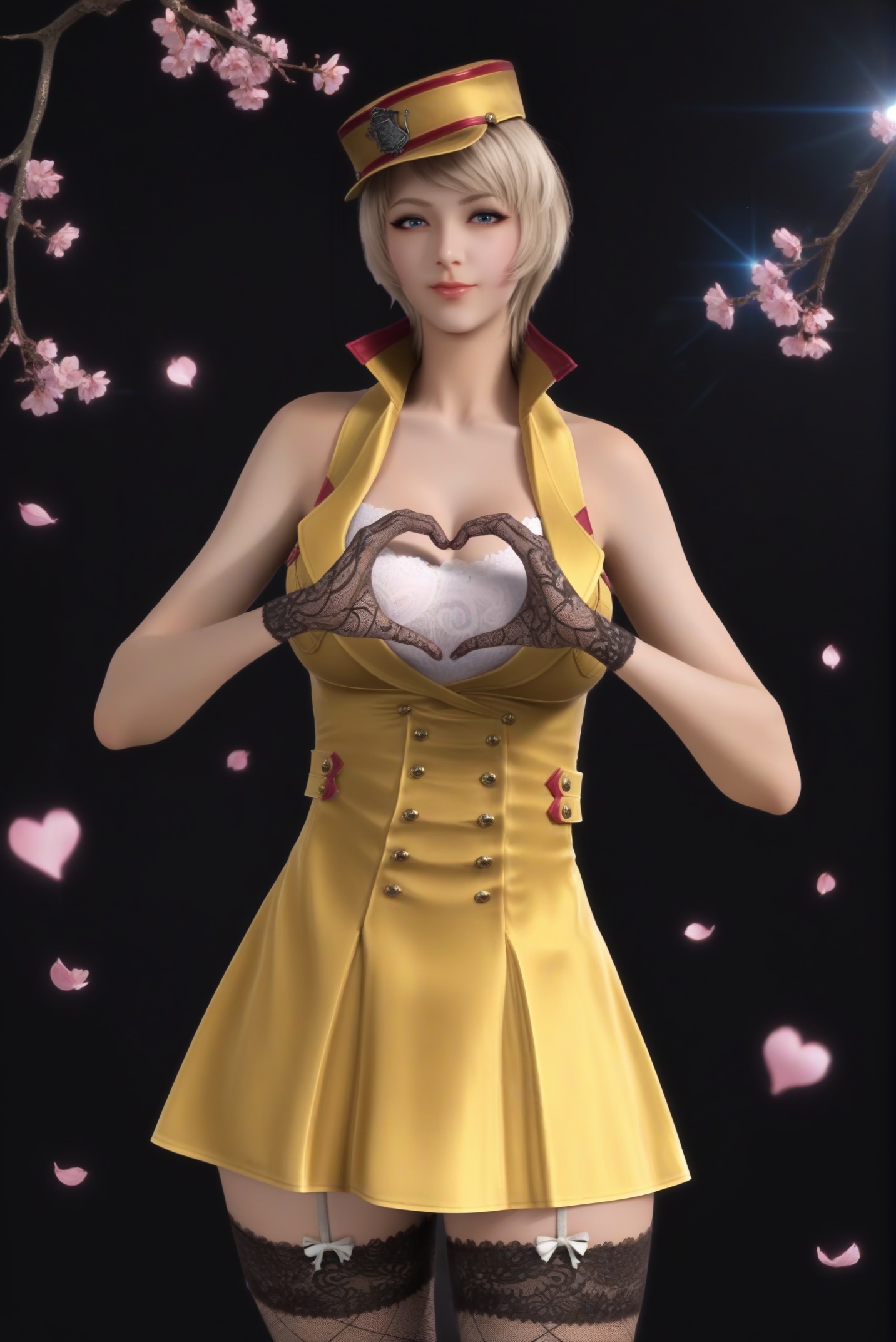 masterpiece,best quality,absurdres,highres,plump,curvy,mature female,<lora:潜-灵狐-pony:0.85>,1girl,solo,blonde hair,short hair,blue eyes,halter dress,white bra,lace bra,high collar,bare shoulders,military hat,lace-trimmed legwear,fishnet thighhighs,garter straps,black gloves,lace gloves,collarbone,heart,spoken heart,(heart hands),looking at viewer,(front view),BREAK(white_skin:1.1),(fair_skin:1.1),realistic,twig,branch,falling petals,simple background,black background,rim light,Volumetric Lighting,lens flare,Tyndall effect,depth of field,bokeh,sparkle,