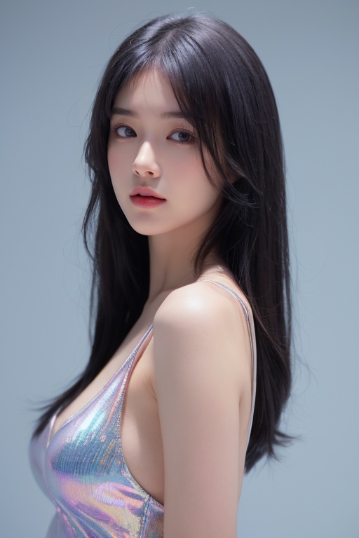 1girl, solo, blue eyes, hair over one eye, smile, looking at viewer, upper body,(holo hair), (close eyes),(purple|blue hair),breasts, lips, bangs, nose, closed mouth, medium breasts, realistic, simple background,(realistic:1.5),masterpiece, Extremely detailed CG unity 8k wallpaper, best quality, highres:1.2),(ultra_detailed, UHD:1.2),(pixiv:1.3),perfect illumination,distinct,unreal engine,sidelighting,perfect face,detailed face,beautiful eyes,pretty face,(bright skin:1.3),idol,ulzzang-6500-v1.1,soft smile,(simple background),(depth of field),(ringed eyes:1.4), (holo,holographic hair,holographic body),water, holo water, <lora:holo_20230701001227:0.3>