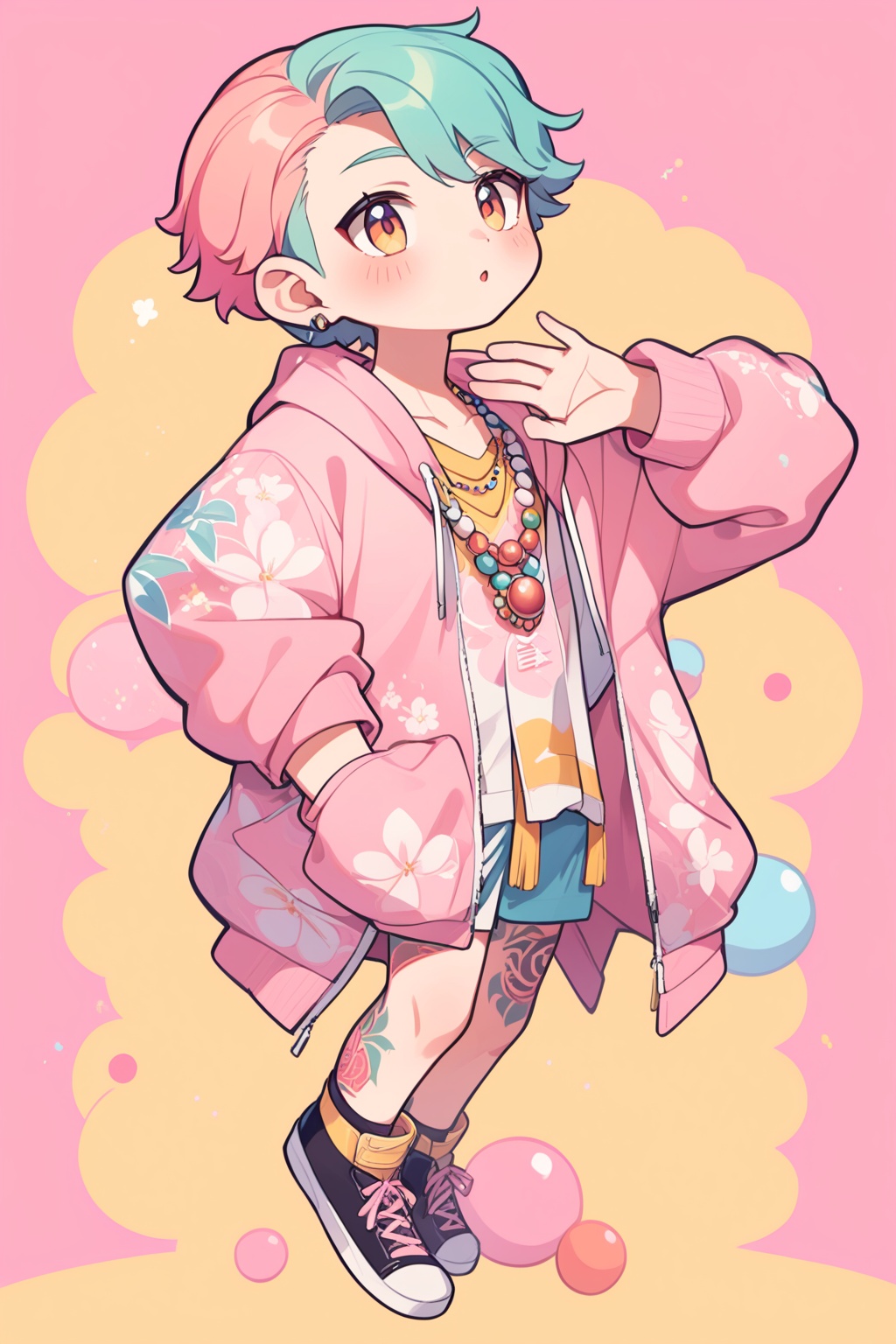 ((a man, pink short hair)),((Pure pink and yellow background)),A vibrant young man in his early twenties stands confidently,floral jacket. His tattooed arms and beaded necklaces complement his pink hoodie,exuding a lively,retro vibe,chibi,<lora:糖果森林_XL_LoRA_v1.1:1>,, masterpiece,best quality,very aesthetic,absurdres,