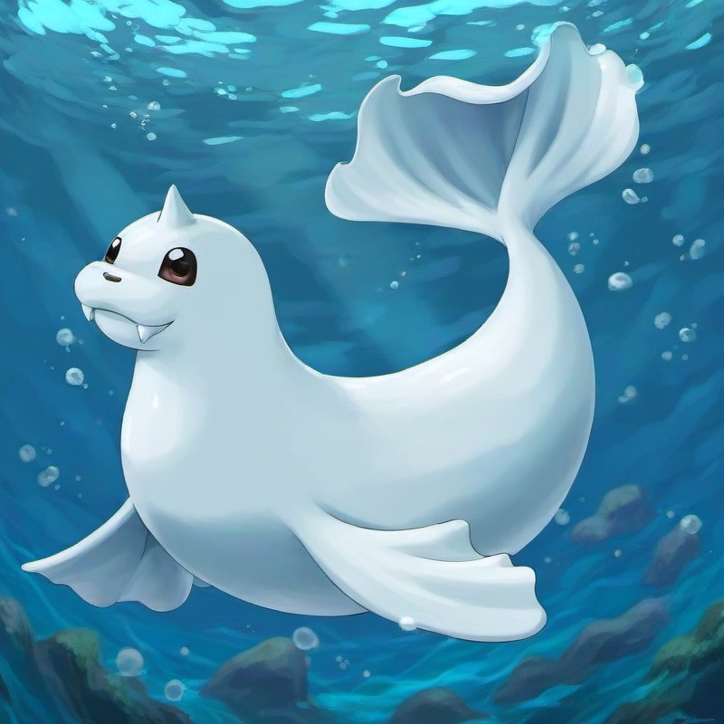Masterpiece,Best Quality,dewgong,white body,full body,feral,solo,flipper,no humans,pokemon \(creature\),single horn,ocean,<lora:dewgongXL:1>,sea lion,