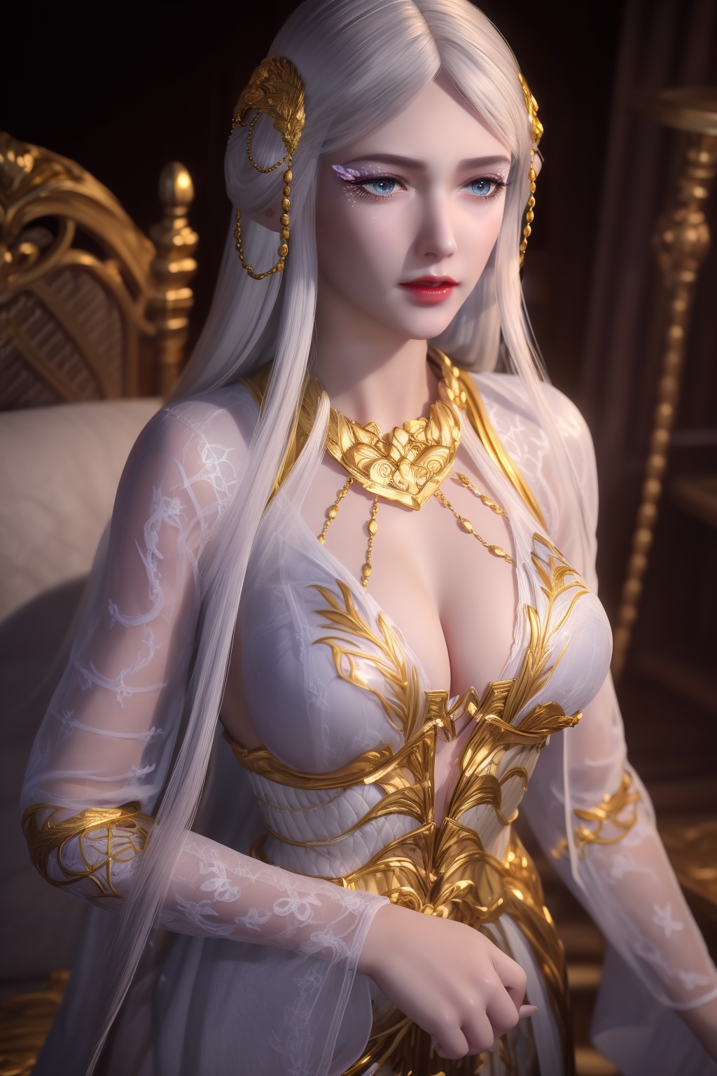 ltra realistic 8k cg, flawless, clean, masterpiece, professional artwork, famous artwork,cinematic lighting, cinematic bloom, perfect face, beautiful face,shenfengBaiLong,1girl, solo,red lips,jewelry,smile, dress,white dress,bangs,circlet,eyelashes,eyeshadow,wide sleeves,standing, long hair, white hair,gold chain,makeup,necklace,looking at viewer,hair ornament,breasts,large breasts,cleavage,hiqcgbody,<lora:shenfengBaiLong_20231217162206-000004:0.7>,