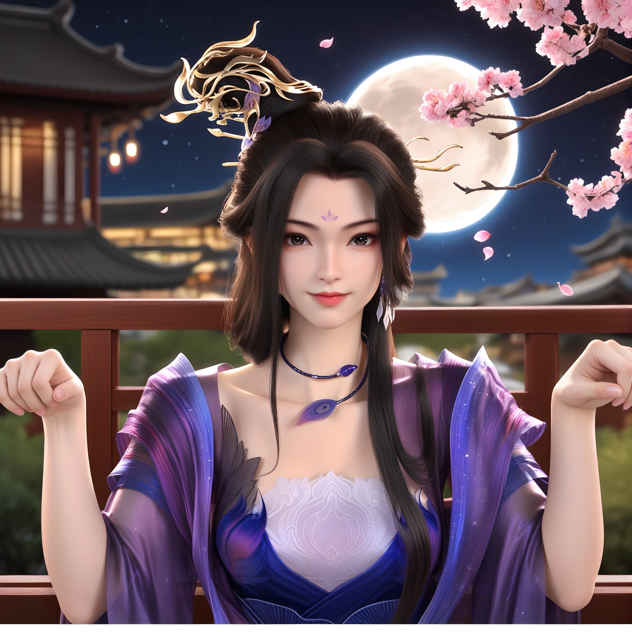 (score_9),<lora:风秋雨pony-v2:0.82>,fqy,1girl,solo,long hair,black hair,hair ornament,updo,earrings,forehead mark,light blush,light smile,see-through,jewelry,choker,layered dress,flowing long gown,sheer ruffled sleeves,large breasts,(claw_pose:1.1),(paw_pose),BREAKlooking at viewer,front view,upper body,face focus,letterboxed,twig,branch,falling petals,starry_sky,hyper_galaxy,handrail,night,depth of field,moon,(chinese style architecture),chinese style,wooden