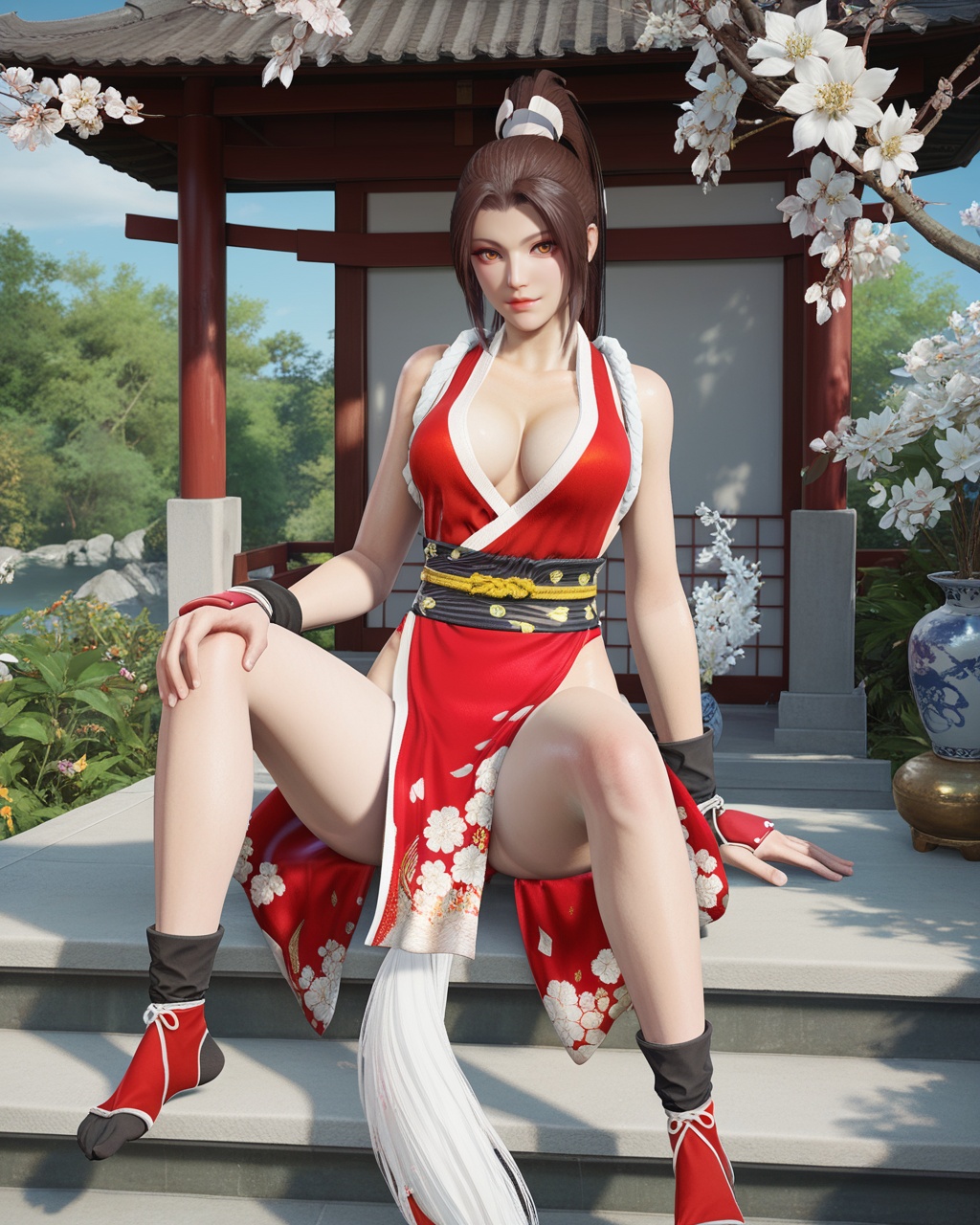 1girl,solo,shiranui mai,breasts,brown hair,pelvic curtain,cleavage,long hair,ponytail,ninja,japanese clothes,brown eyes,high ponytail,revealing clothes,medium breasts,large breasts,tabi,looking at viewer,<lora:wy_jianan_bzhw_XL5.0:0.8>,outdoors,gaden,flower,sitting,, score_9,score_8_up,score_7_up,score_6_up,score_5_up,score_4_up,