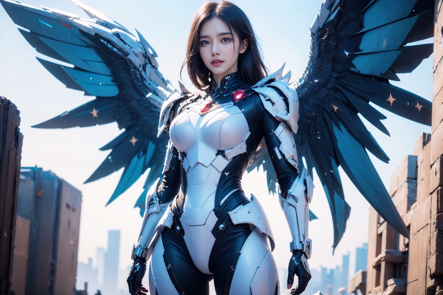 1girl,concept artwork,black hair,(Heroic and heroic girl:1.4),sky,wing,wings with fans,graphics card fan,strong woman mecha warrior,mighty and domineering,cool mecha,32k,white color scheme,white armor,white_background,standing,cowboy_shot,<lora:AGirl_v1:1>,