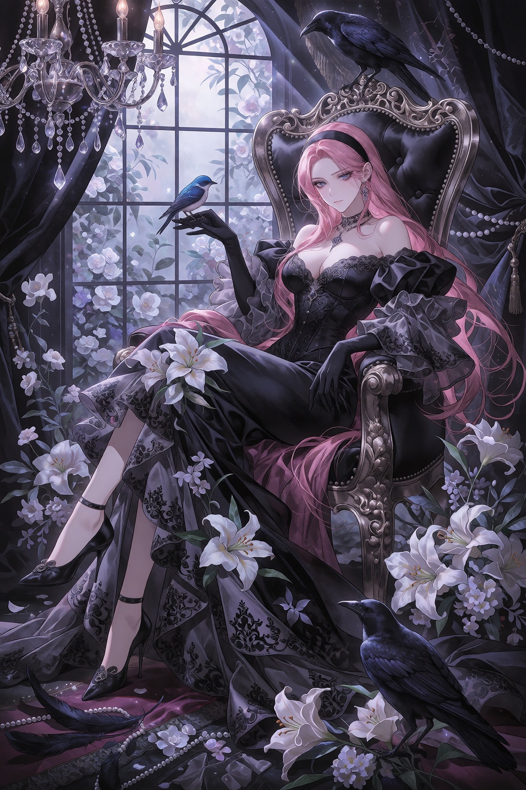 A full-shot portrait depicts a woman with long pink hair tied with a black headband,  seated on an ornate,  high-backed si...