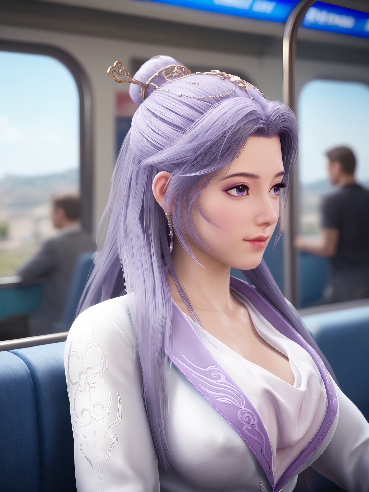 solo,1girl,long lavender hair,styled in an elegant updo adorned with a golden hairpin.Her eyes are a soft,light blue,wears a traditional,semi-formal outfit with a flowing,white robe-like garment that features intricate,lavender embroidery on the sleeves and chest.,<lora:云霄仙子-Pony新底模05:0.7> BREAK fair_skin,white_skin,shiny_skin,Ivory_skin,solo focus,(perfect_face:1.2),(perfect_anatomy:1.1),(upper_body:1.2),(portrait:1.1),large breasts,sitting,(train_interior:1.1),(blurry_background:1.2),score_9,<lora:addetailv3_by_n0utis_pony:0.5>,