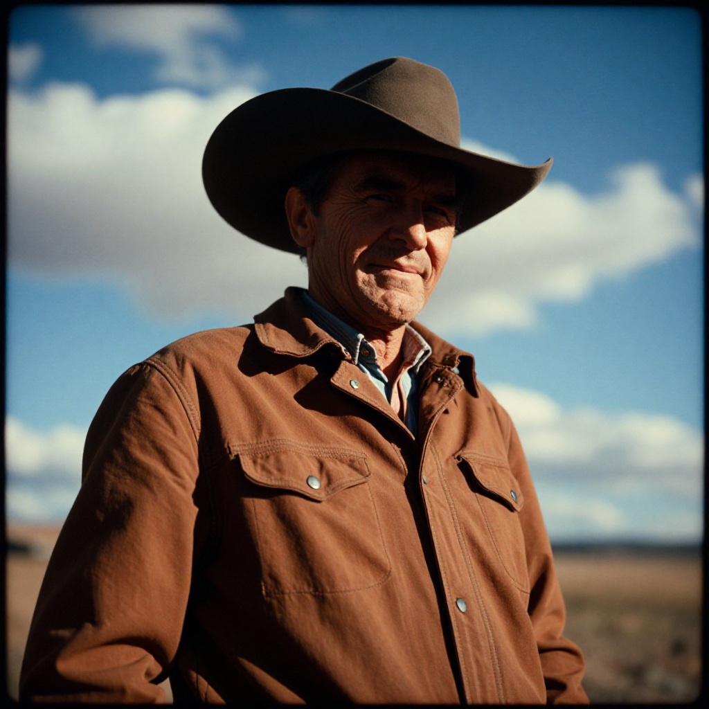analog film photo of vintage cinematic style,  daylight cinematic technicolor style a country man in a cowboy hat poses fo...