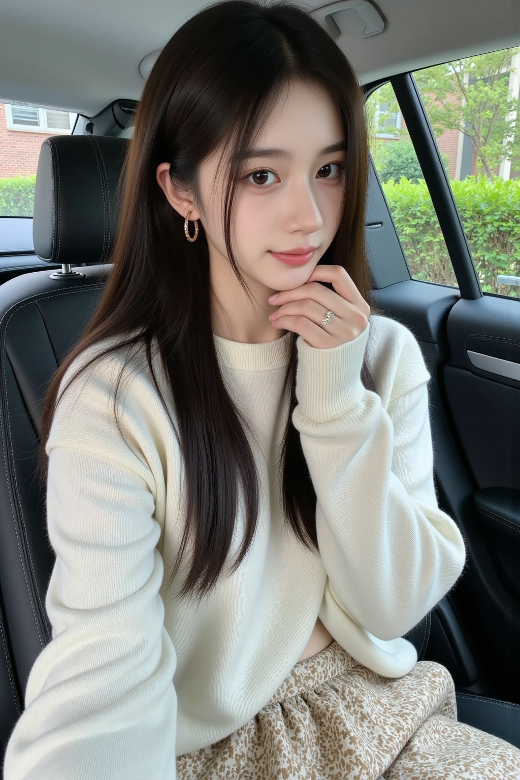 beauty,The image is a high-resolution photograph of a young Asian woman sitting in the back seat of a car. She has long, straight, dark brown hair that cascades past her shoulders, framing her delicate, oval face. Her skin is fair and smooth, with a natural glow. She has large, expressive brown eyes, arched eyebrows, and a slight smile with her lips slightly parted, revealing a hint of her teeth. Her facial features are well-defined, giving her a youthful and elegant appearance.She is wearing a white, ribbed, long-sleeved sweater that has a relaxed fit, and a beige, textured skirt with a floral pattern. Her outfit is casual yet stylish. She accessorizes with a pair of small, round, gold hoop earrings and a delicate silver ring on her right index finger. The car's interior is modern and luxurious, with dark leather seats and a sleek dashboard. The background outside the car window shows a blurred view of a garden with green foliage and a brick building, suggesting a suburban or urban setting. The overall mood of the photograph is calm and serene, with soft natural light enhancing the subject's features and the car's interior