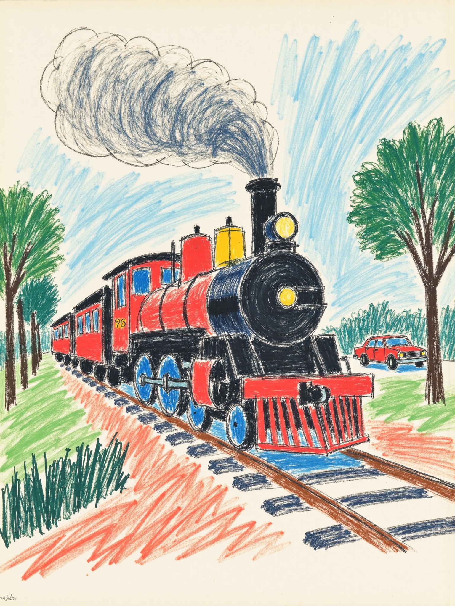 children-drawing,colorful drawing,old-fashioned train,tracks,large train,red engine,cars,trees,overall scenery,unique design,multiple wheels,creative artwork,classic steam locomotive,vibrant colors,