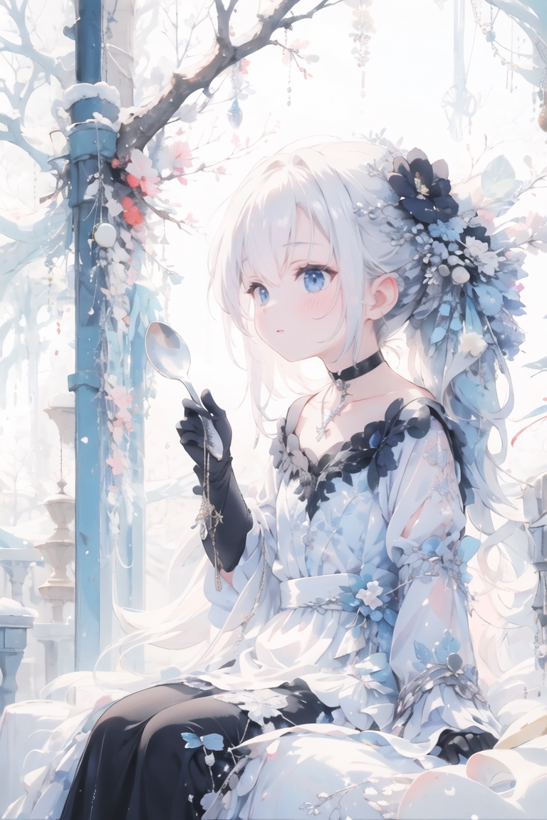 A young girl sits alone,  her long white hair cascading down her back like a river of snow. Her bright blue eyes sparkle a...
