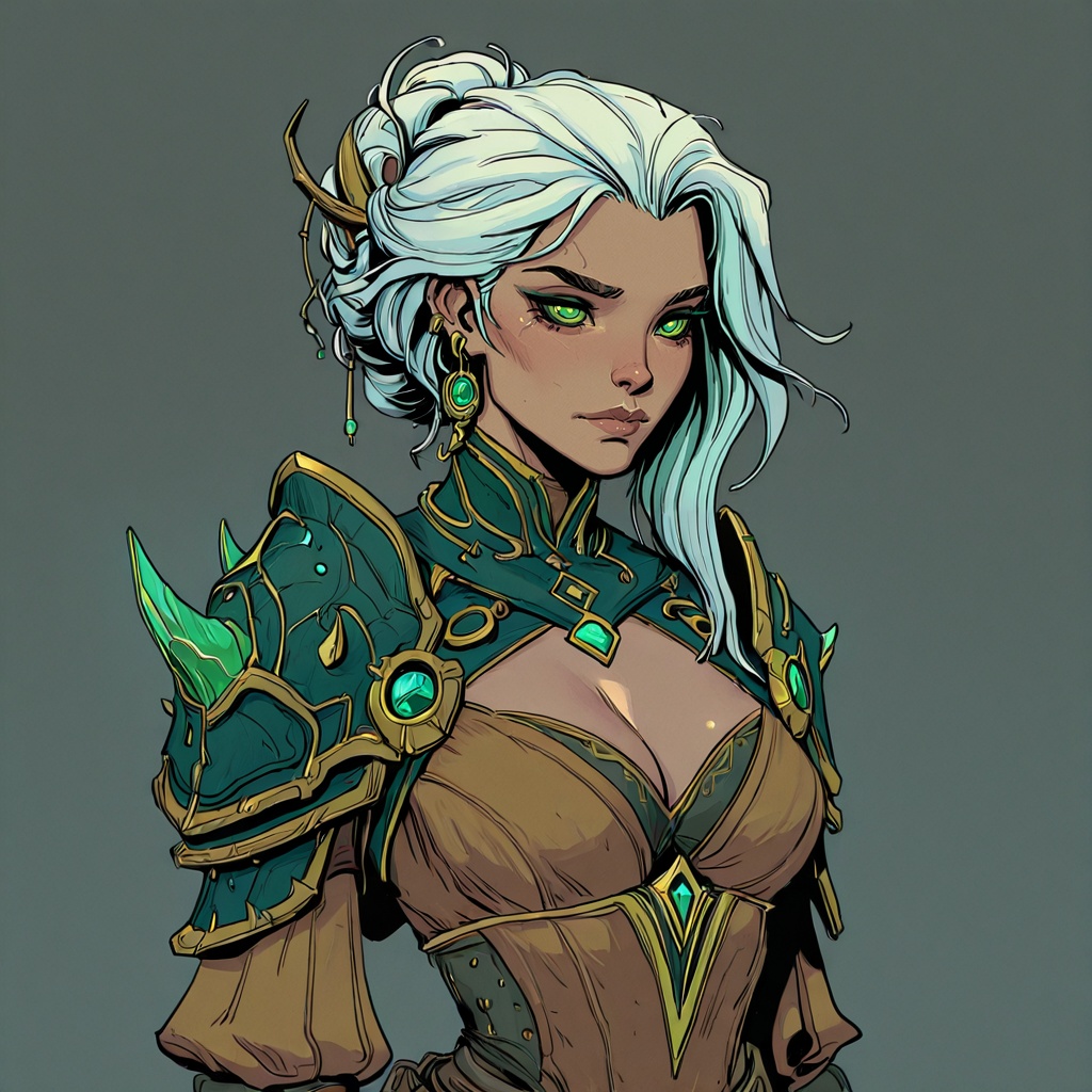 D&D Painterly,  The image shows a woman with white hair and green eyes wearing a brown dress set against a grey background...