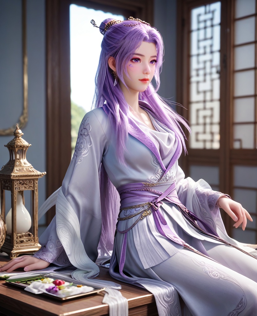 (oriental architecture, elegant decor, sophisticated style:1.1),(Sitting on the edge of a table with a playful expression,:1.1),(breasts:1.2),<lora:XL师兄啊云霄:0.95>,miss yunxiao,chinese clothes,purple hair,purple eyes,a mark under the left eye,single hair bun,long sleeves,earrings,hairpin,sash,, score_9,score_8_up,score_7_up,score_6_up,score_5_up,score_4_up,3d rendering,tag1,tag2, Cinematic Lighting,backlighting,