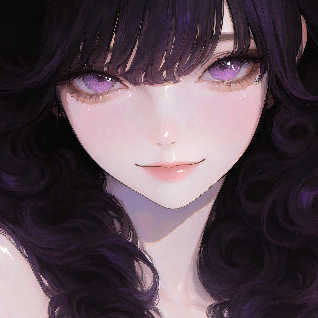 <lora:Tourun ThickPaint Style:0.8>,absurdres,realistic,rim light,wallpaper,best quality,simple background,white_background,1girl,bishoujo,****,fair_skin,oval face,curly hair,long hair,black hair,centre parting bangs,purple eyes,looking_at_viewer,seductive_smile,portrait,front view,