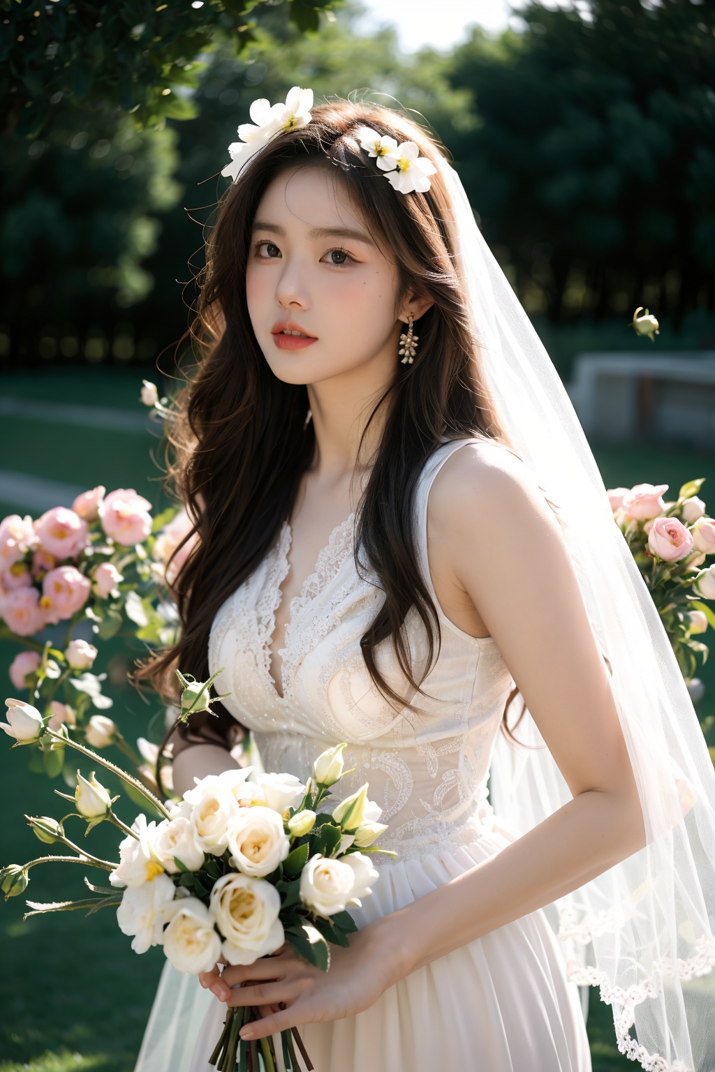 Best Quality,Masterpiece:1.4),(Realism:1.2),(Realisitc:1.2),(Absurdres:1.2),4K,(photorealistic:1.3),Detailed,Ultra-Detailed,1girl,church,lawn,outdoor,wedding,(whole body:1.4),gauze headscarf,((Huge chest)),(Long Wavy Hair),hunsha,veil,Earrings,Jewelry,(SunLight:1.4),Flowers,Hair Ornaments,(Holding flowers:1.4), <lora:YG梦中婚纱1:0.7>, 