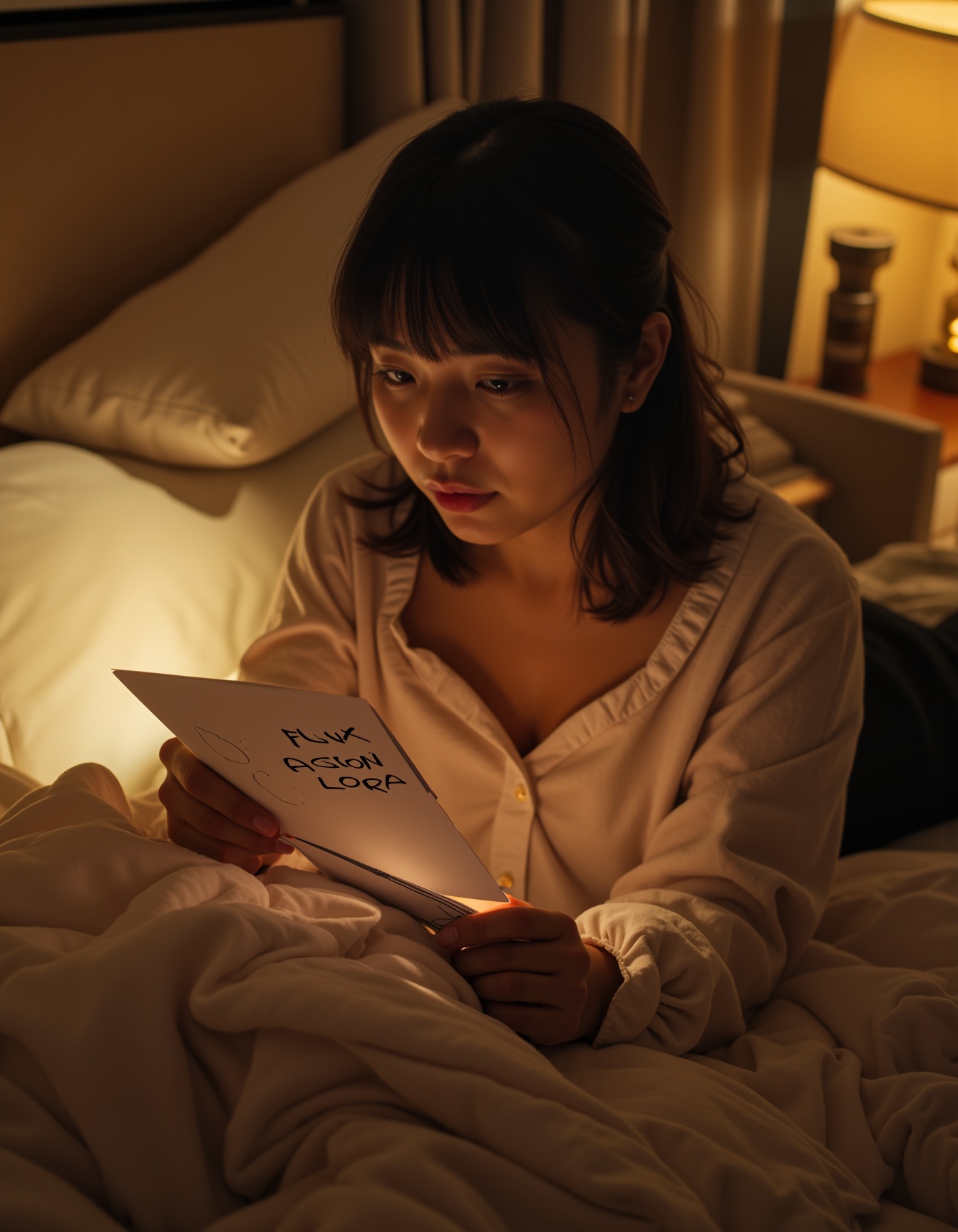 A woman sitting comfortably on a cozy bed,  holding a piece of paper printed "FLUX ASIAN LORA" in bold and hand draw style...