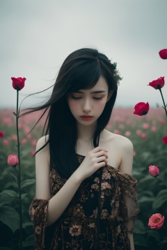 1girl,upper body,solo,melancholic,melancholy,nostalgic,a sense of solitude,petals,Surrealistic imagery,dreamlike atmosphere,vibrant and contrasting colors,intricate and detailed elements,outdoors,